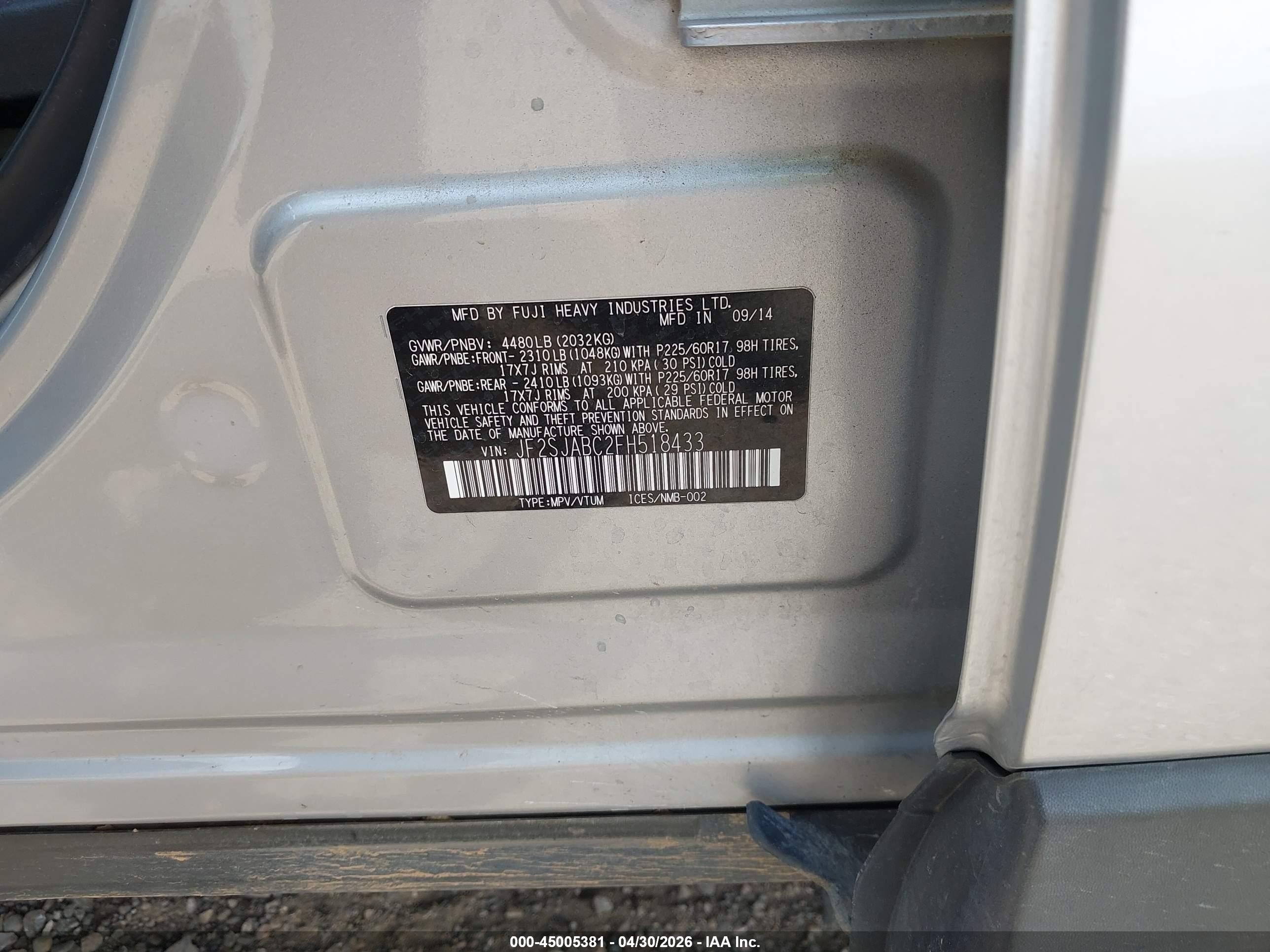 2015 Subaru Forester 2.5i Silver vin: JF2SJABC2FH518433