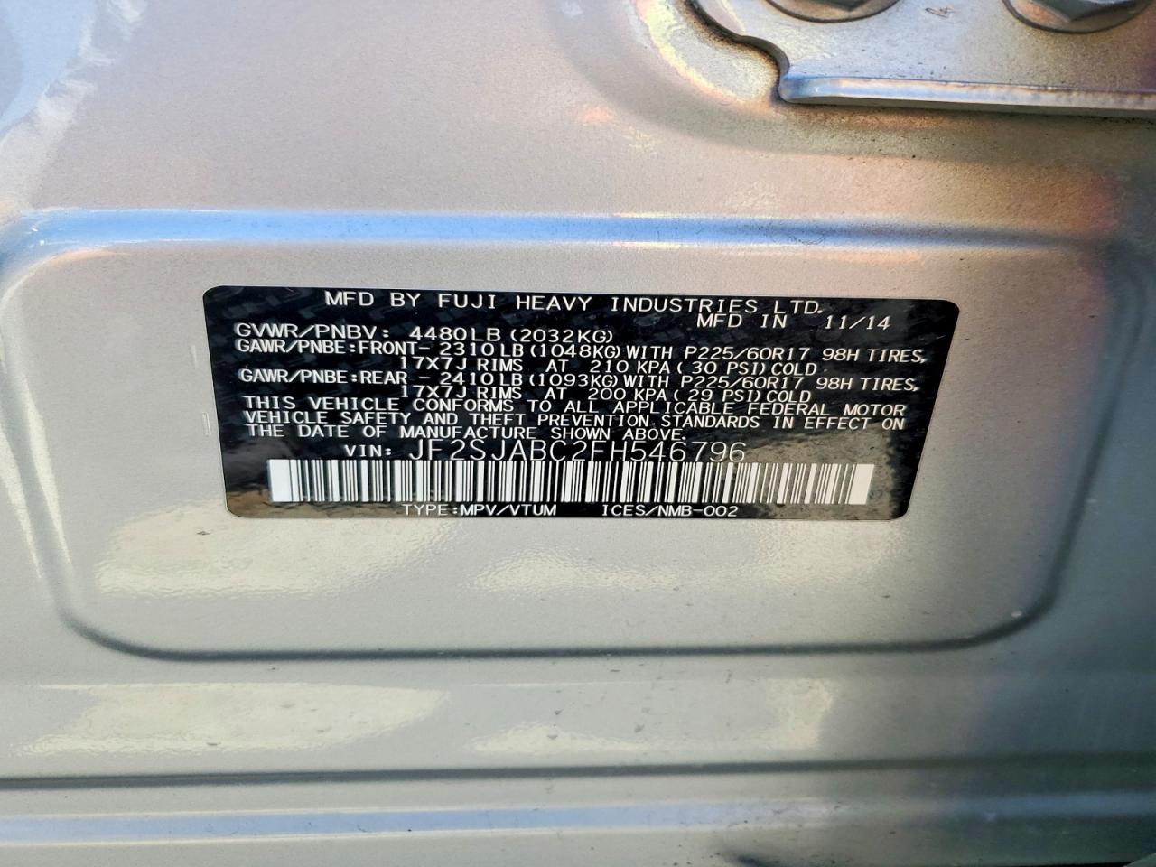 2015 Subaru Forester 2.5i Silver vin: JF2SJABC2FH546796