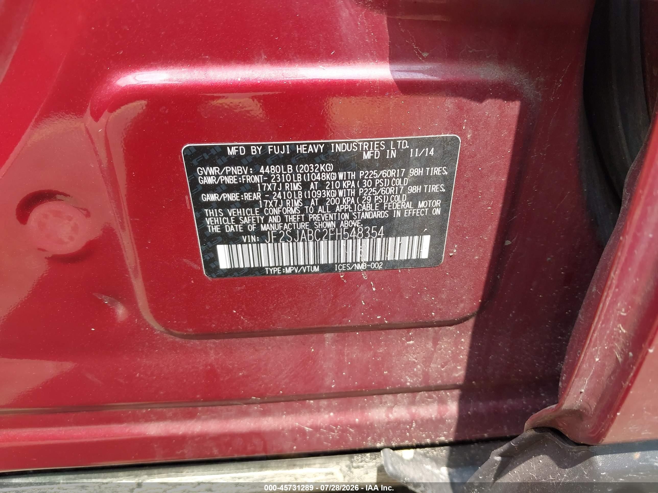 2015 Subaru Forester 2.5i Maroon vin: JF2SJABC2FH548354
