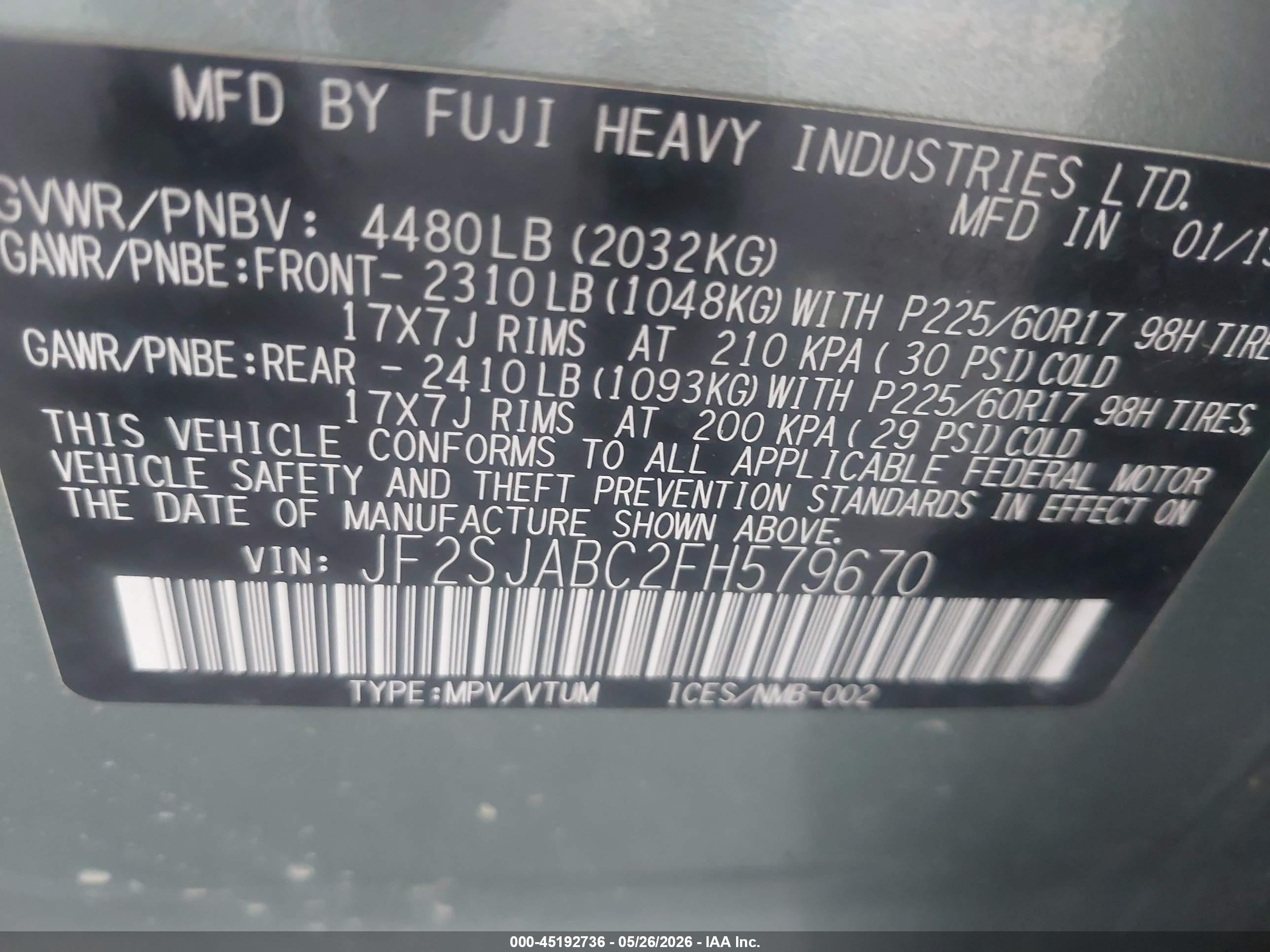 2015 Subaru Forester 2.5i Gray vin: JF2SJABC2FH579670