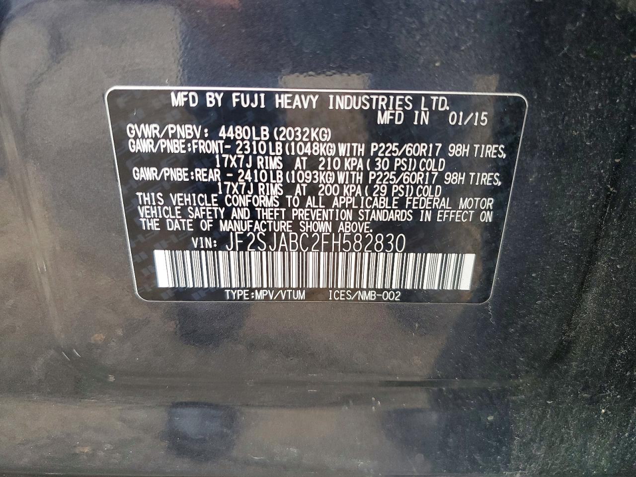 2015 Subaru Forester 2.5i Black vin: JF2SJABC2FH582830