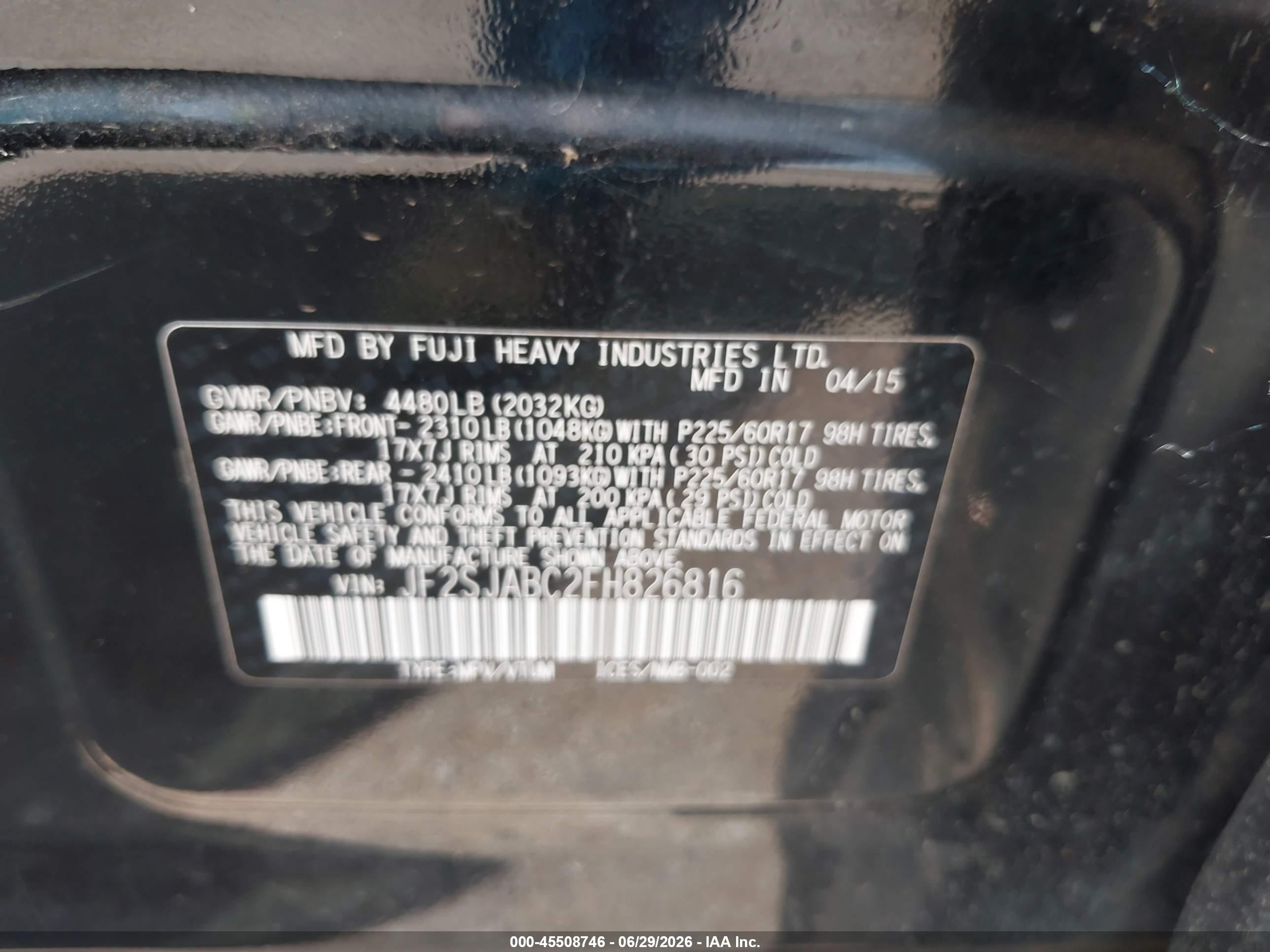 2015 Subaru Forester 2.5i Black vin: JF2SJABC2FH826816