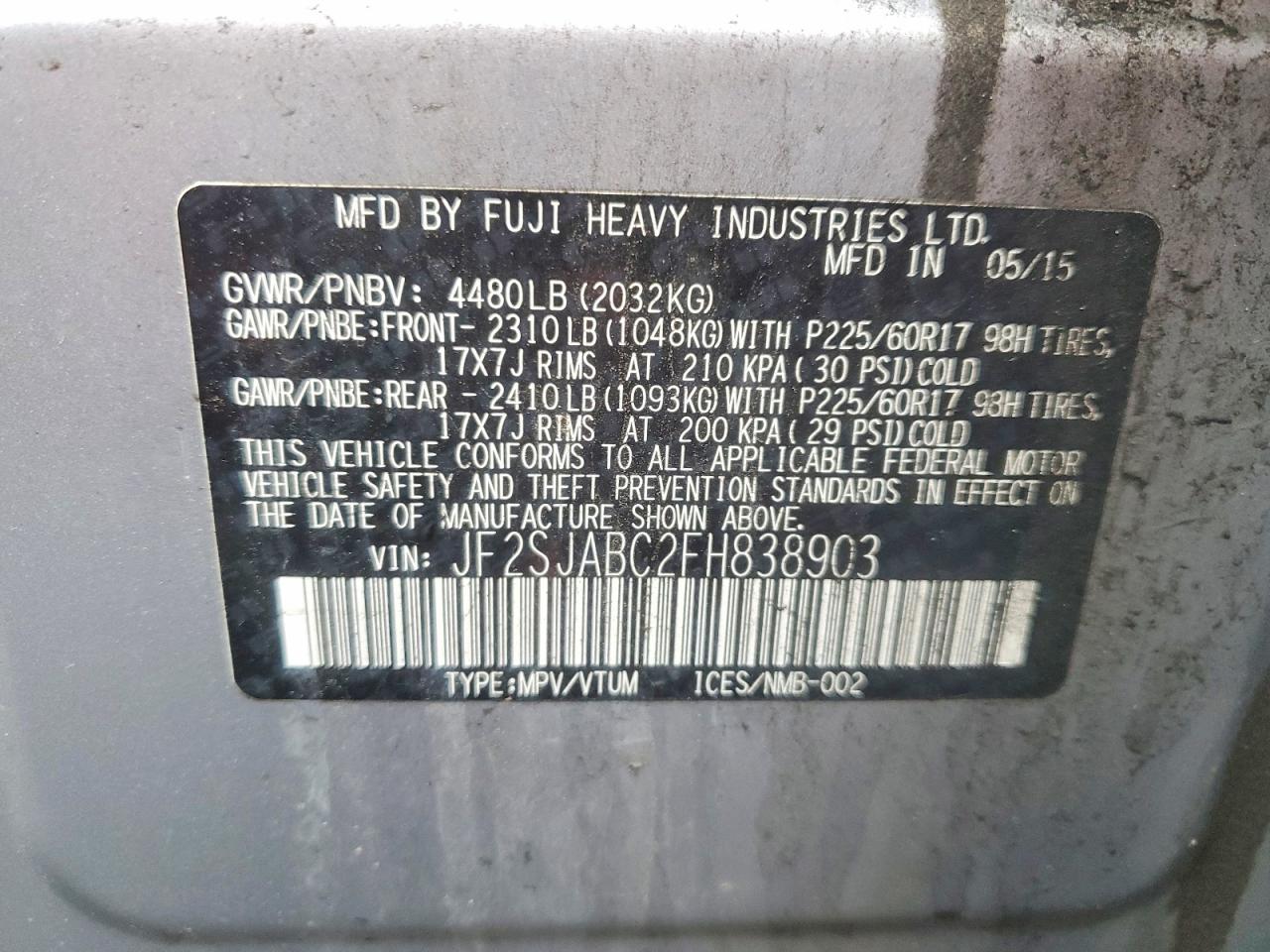 2015 Subaru Forester 2.5i Gray vin: JF2SJABC2FH838903