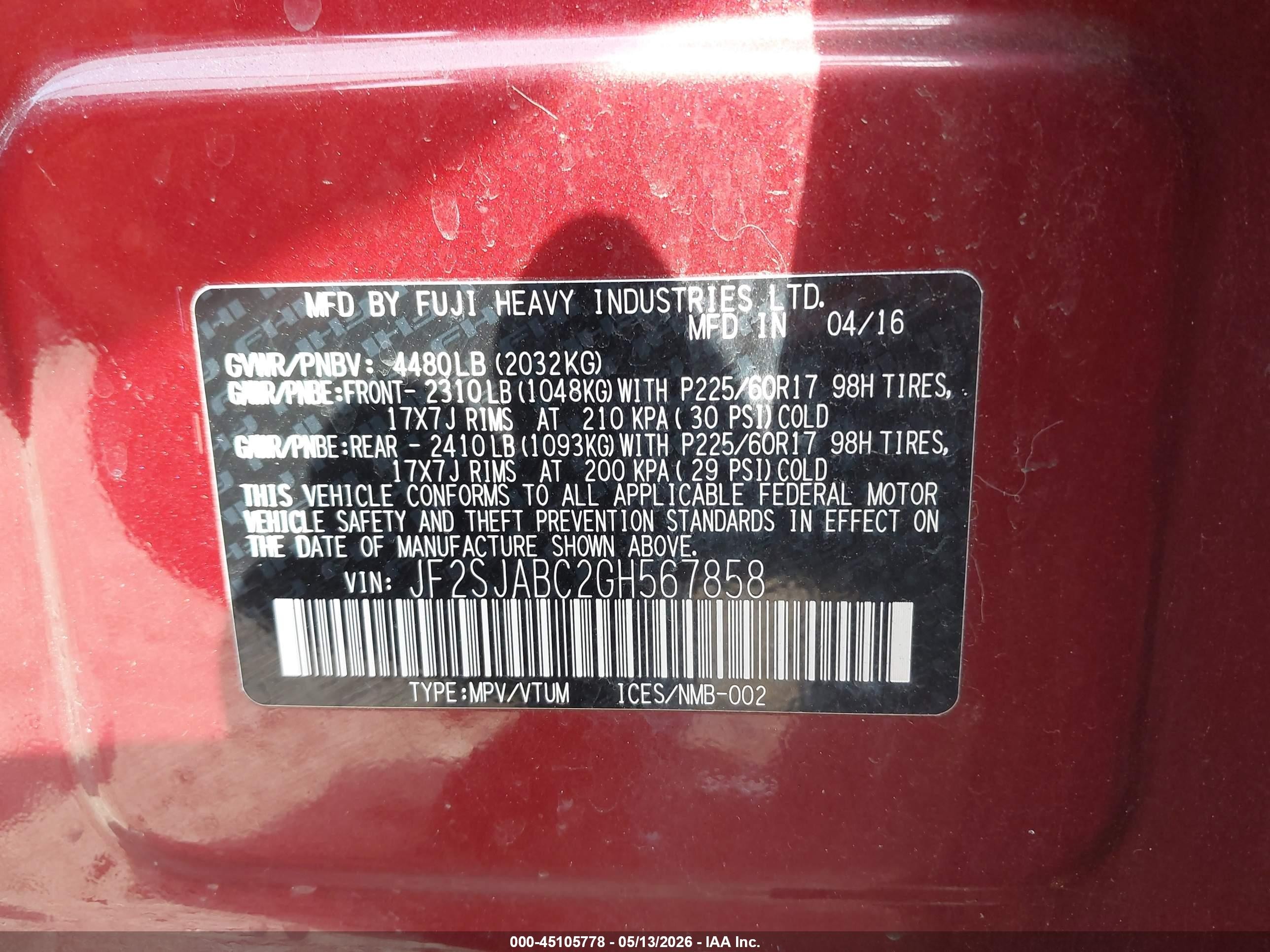 2016 Subaru Forester 2.5i Burgundy vin: JF2SJABC2GH567858