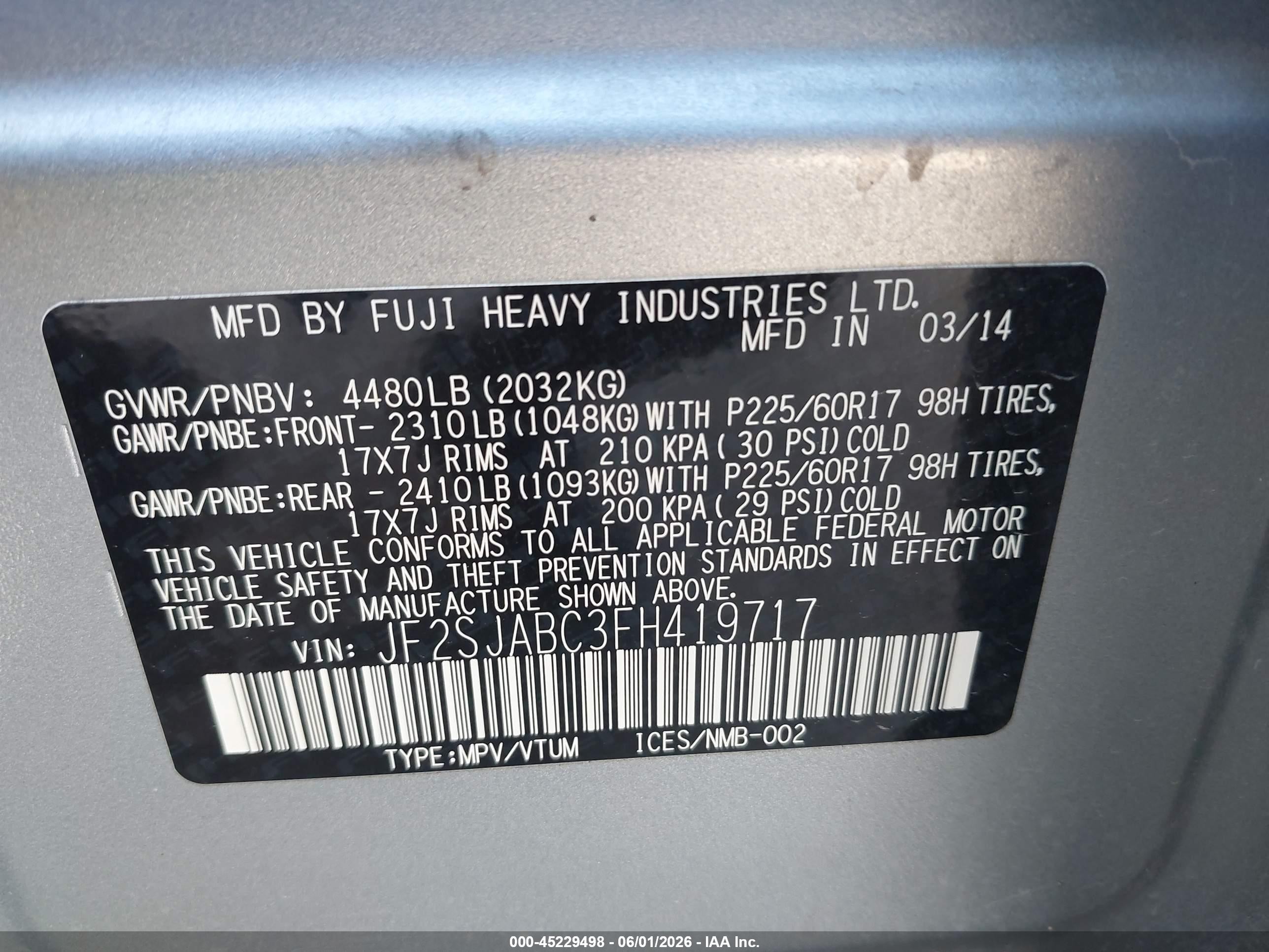 2015 Subaru Forester 2.5i Серебряный vin: JF2SJABC3FH419717