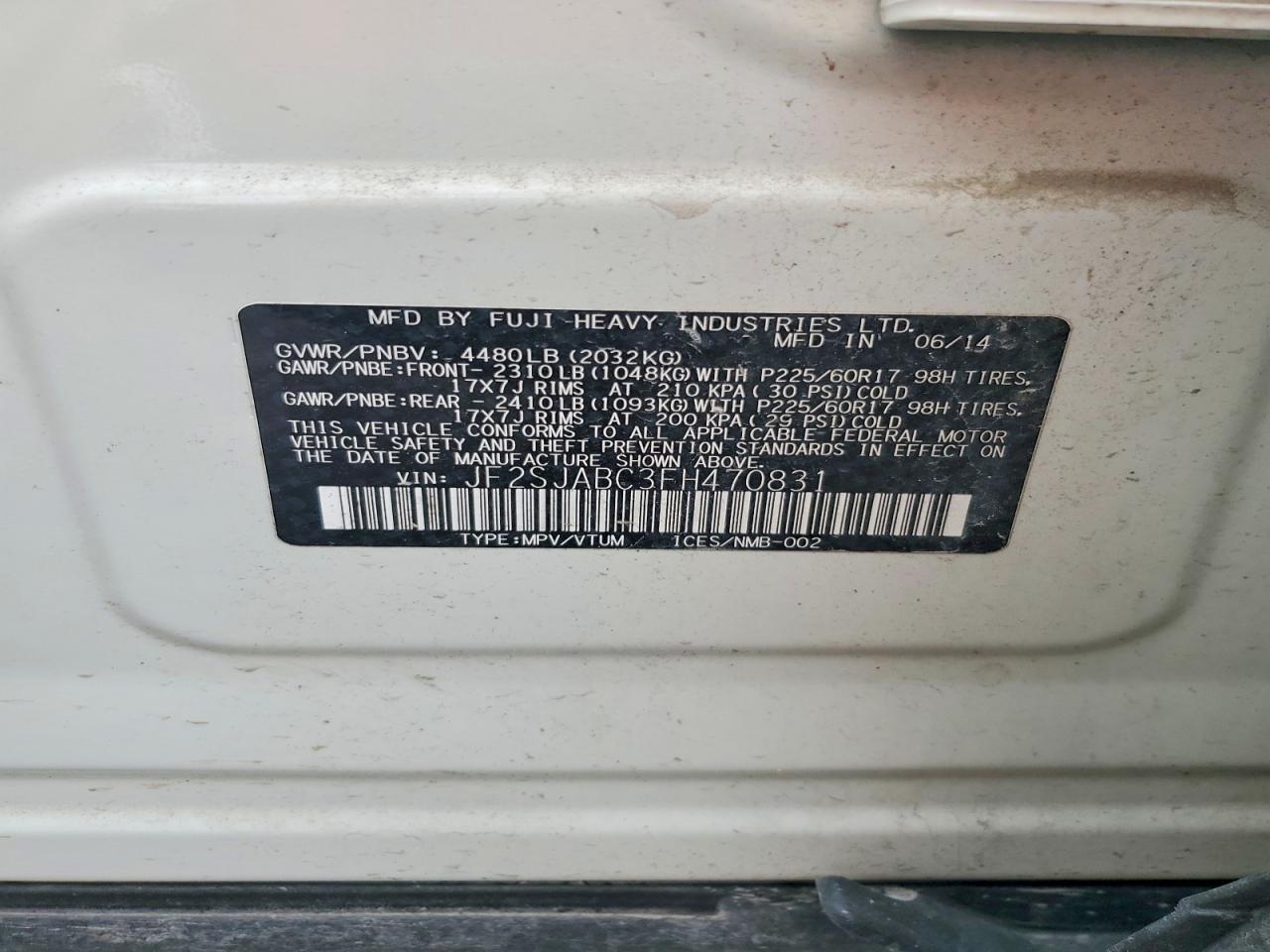 2015 Subaru Forester 2.5i Белый vin: JF2SJABC3FH470831