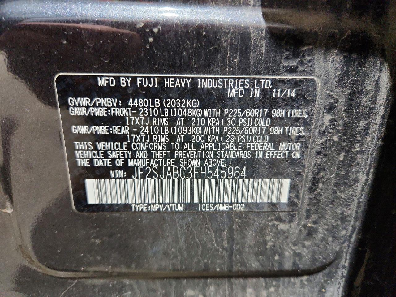 2015 Subaru Forester 2.5i Угольный vin: JF2SJABC3FH545964