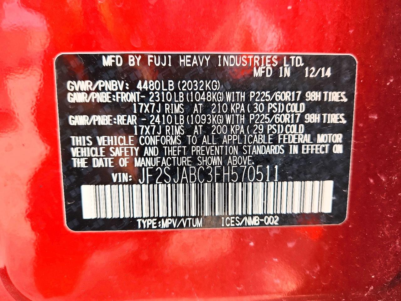 2015 Subaru Forester 2.5i Red vin: JF2SJABC3FH570511