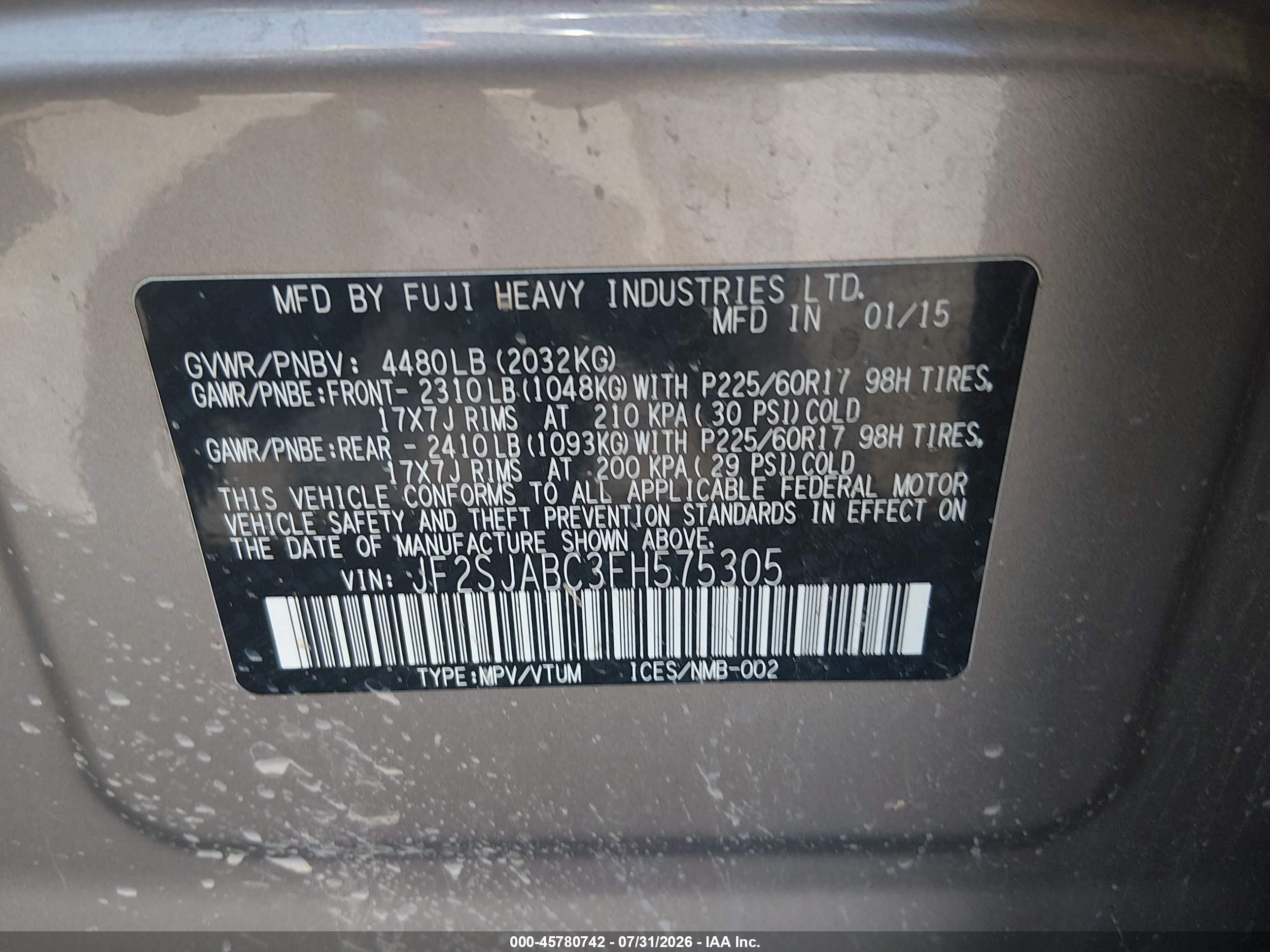2015 Subaru Forester 2.5i Tan vin: JF2SJABC3FH575305
