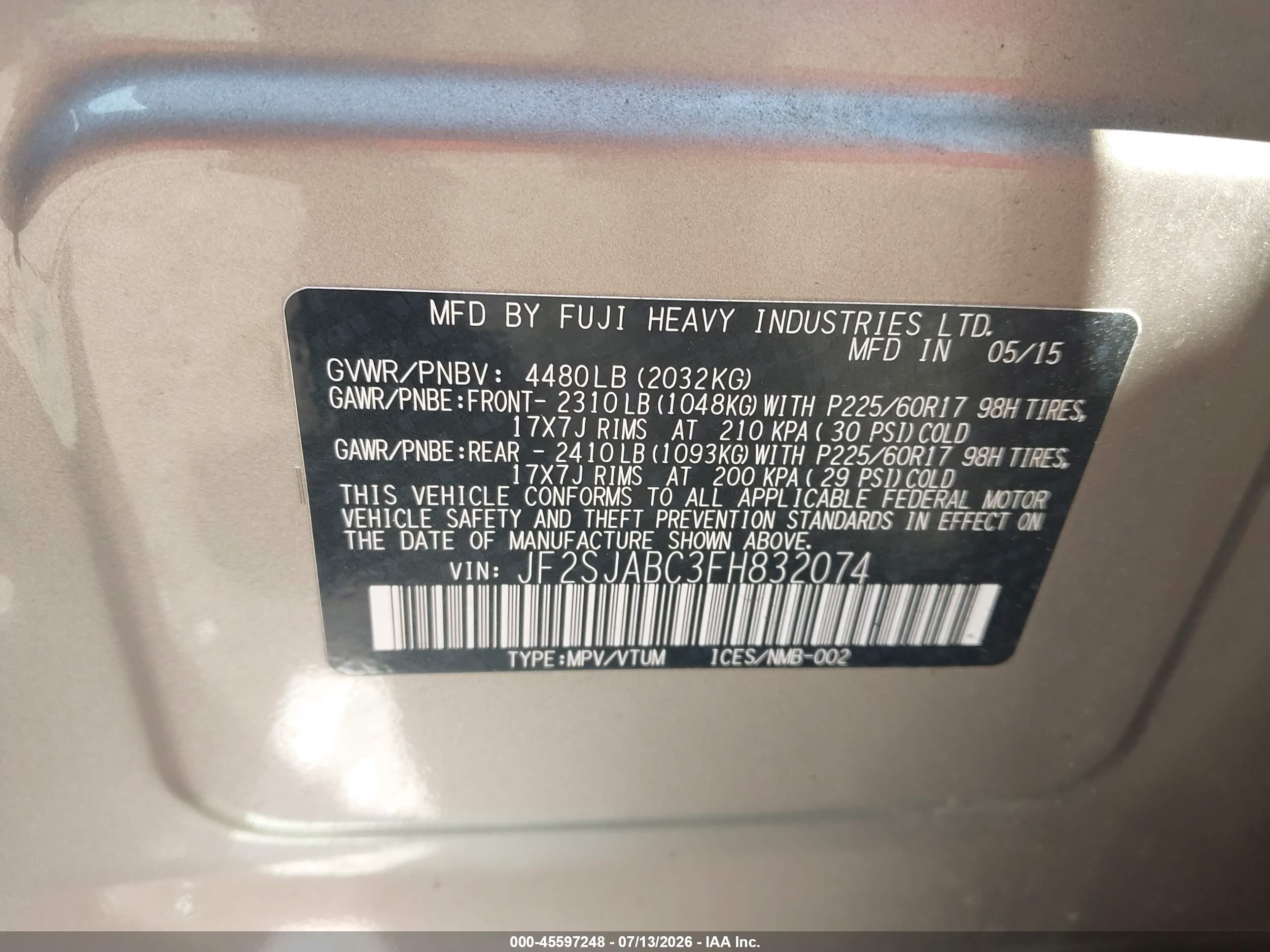 2015 Subaru Forester 2.5i Champagne vin: JF2SJABC3FH832074