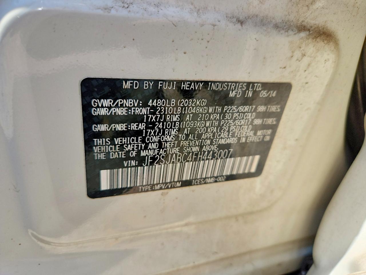 2015 Subaru Forester 2.5i Белый vin: JF2SJABC4FH443007