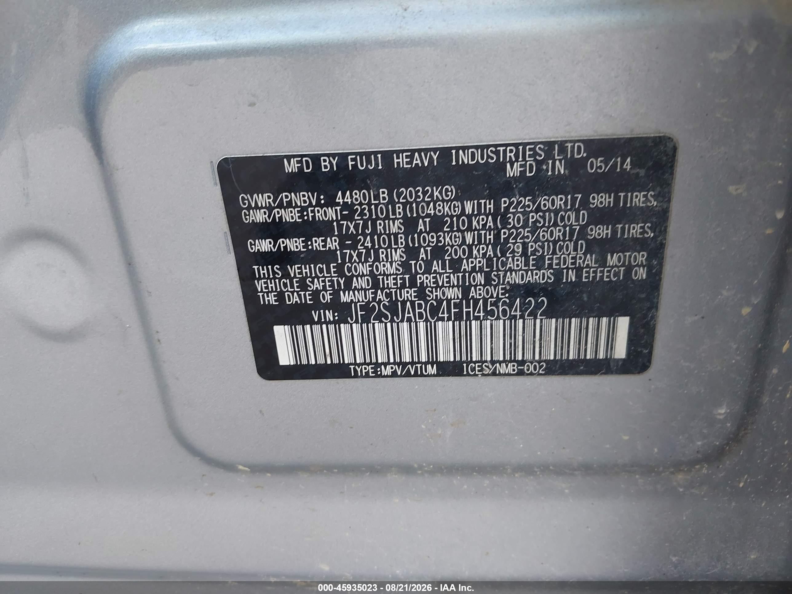 2015 Subaru Forester 2.5i Серебряный vin: JF2SJABC4FH456422