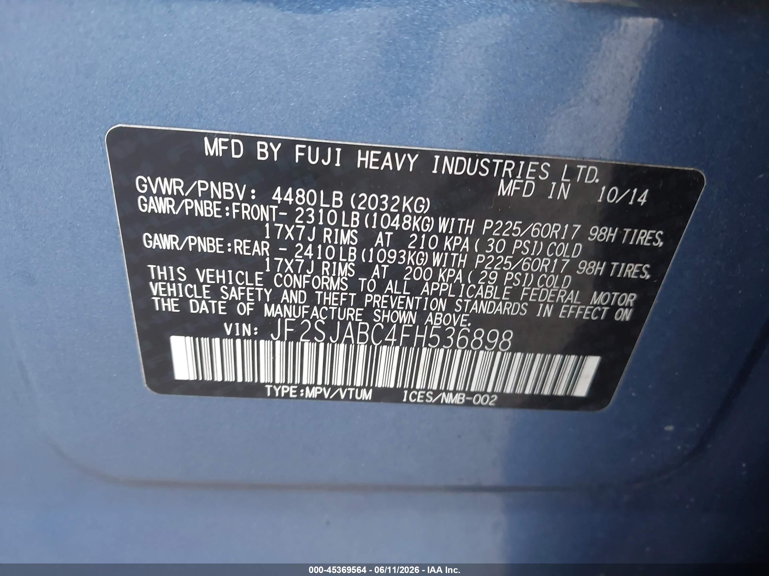 2015 Subaru Forester 2.5i Blue vin: JF2SJABC4FH536898