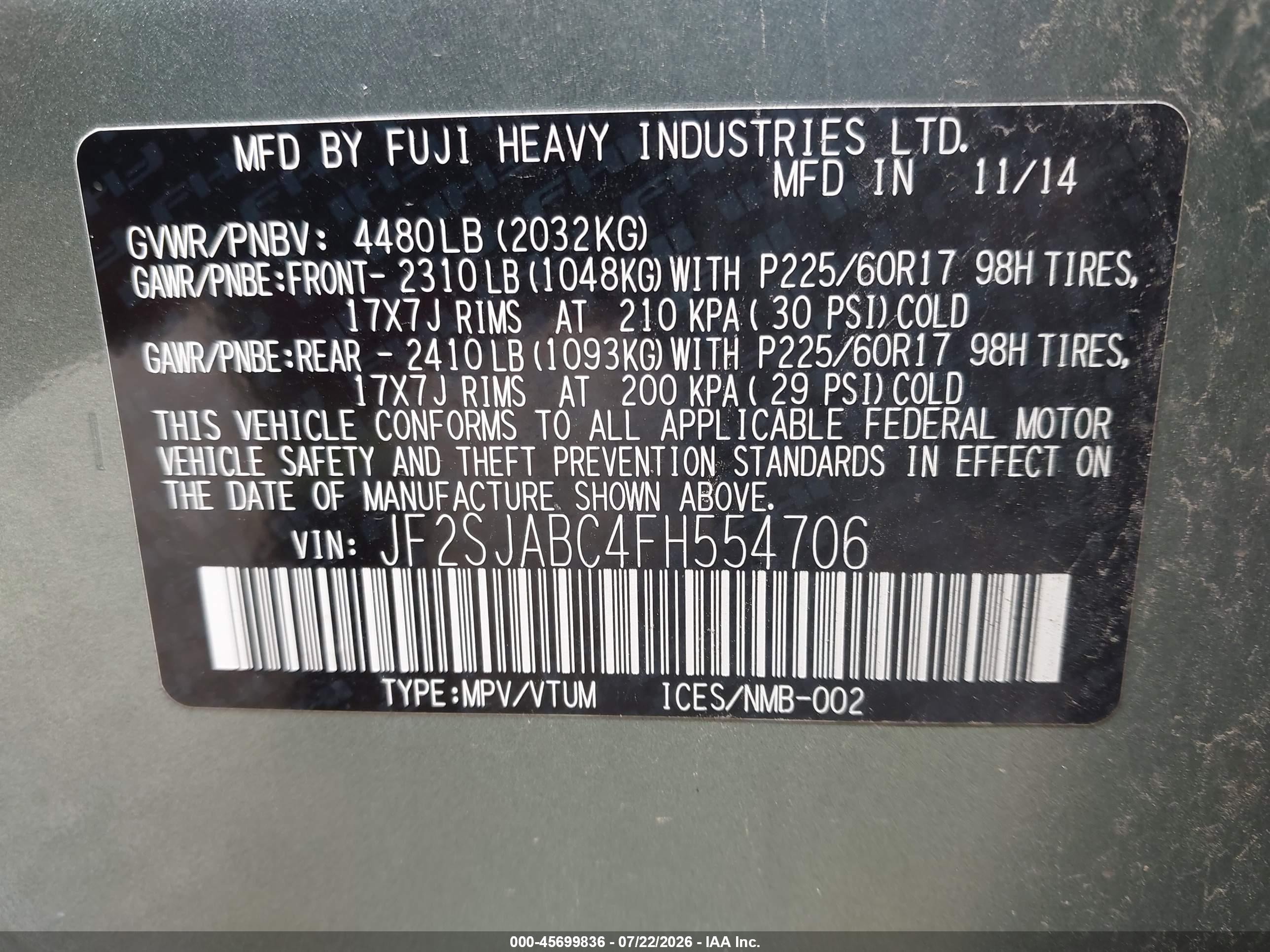 2015 Subaru Forester 2.5i Green vin: JF2SJABC4FH554706