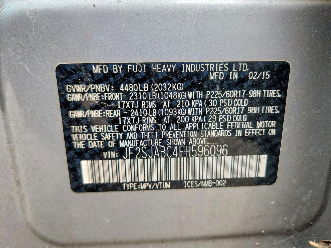 2015 Subaru Forester 2.5i Silver vin: JF2SJABC4FH596096