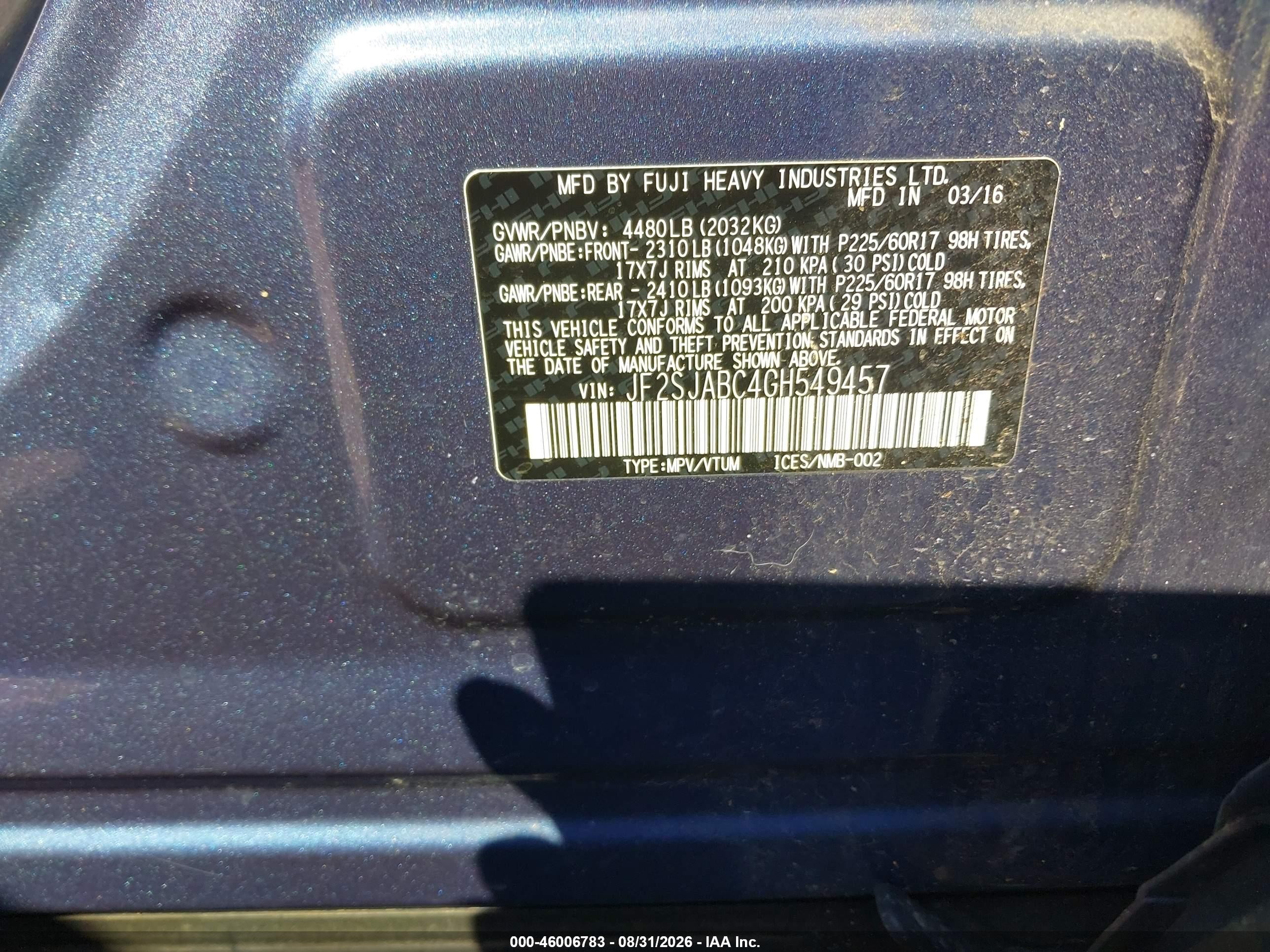 2016 Subaru Forester 2.5i Blue vin: JF2SJABC4GH549457
