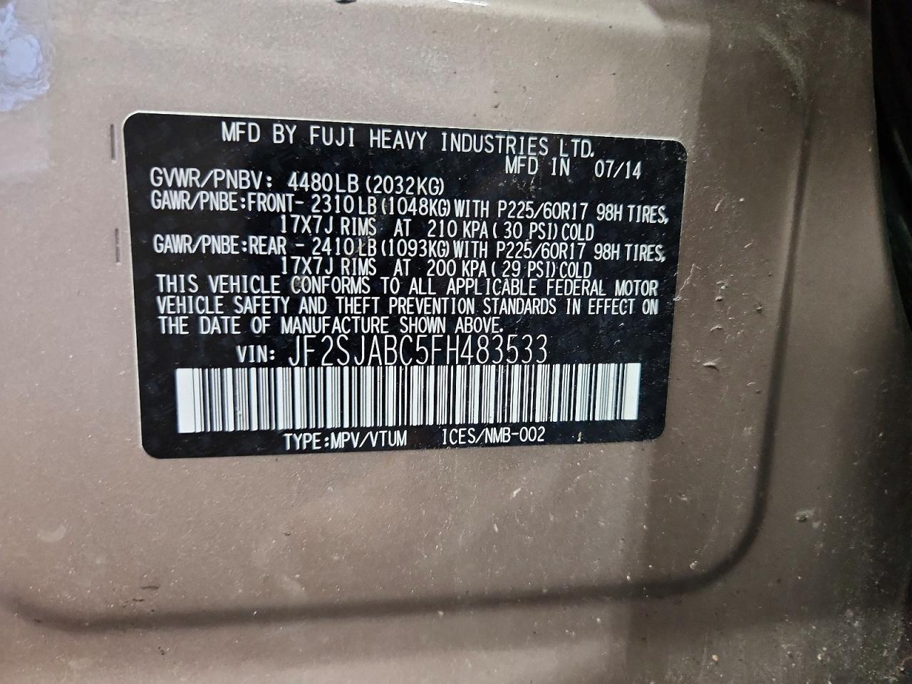 2015 Subaru Forester 2.5i Tan vin: JF2SJABC5FH483533