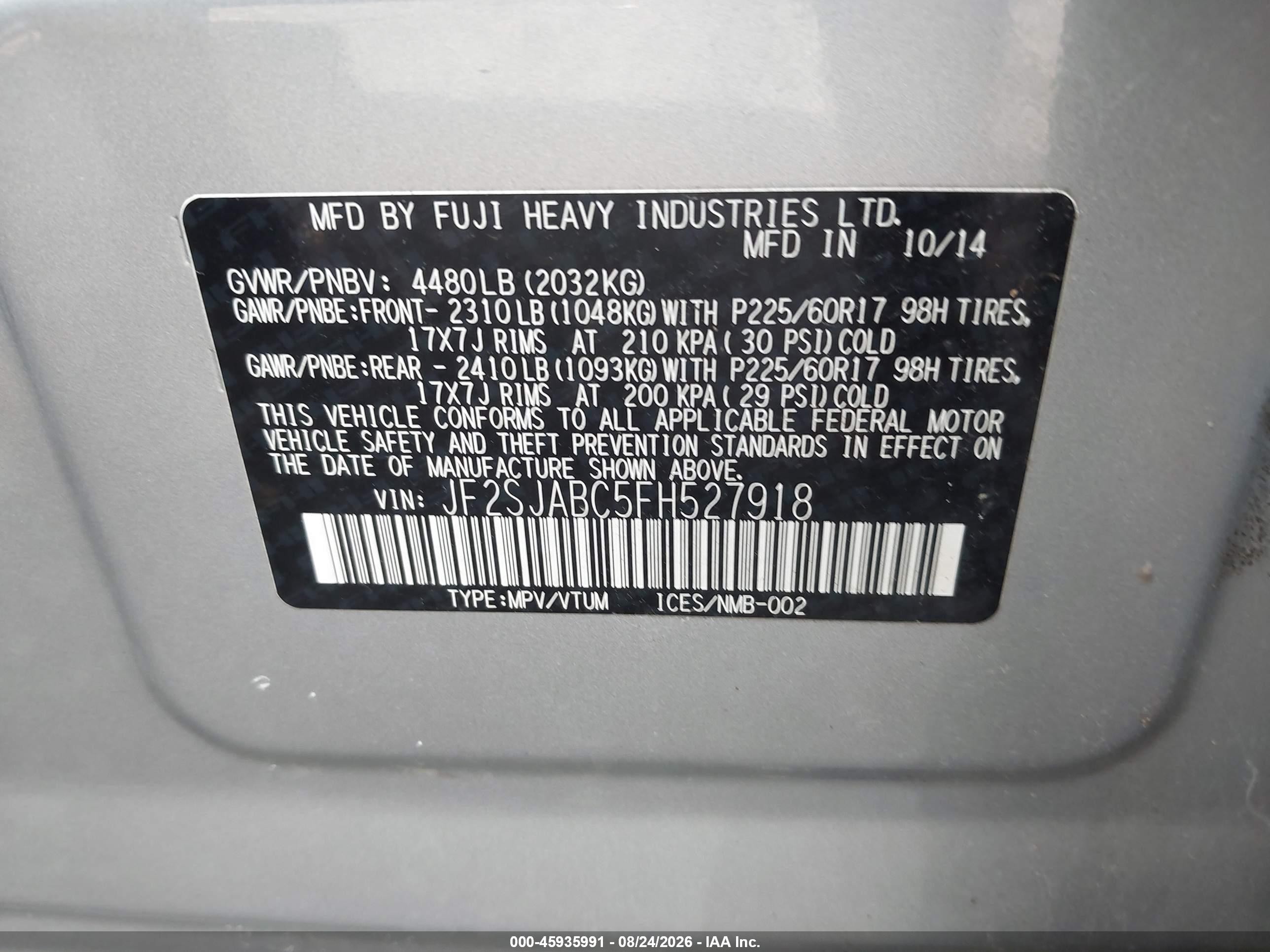 2015 Subaru Forester 2.5i Silver vin: JF2SJABC5FH527918