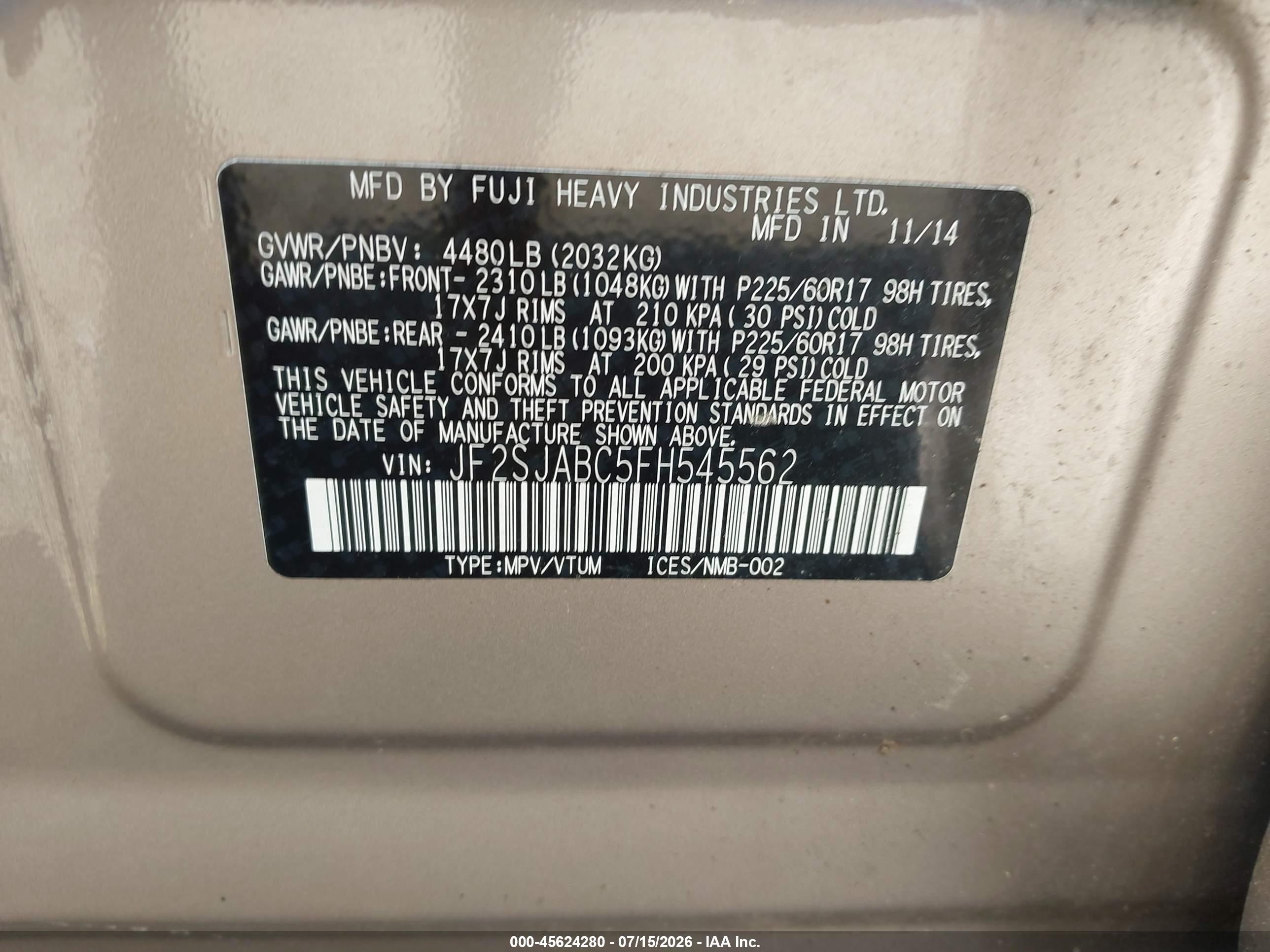 2015 Subaru Forester 2.5i Бежевый vin: JF2SJABC5FH545562