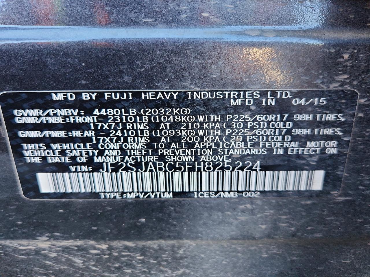 2015 Subaru Forester 2.5i Угольный vin: JF2SJABC5FH825224