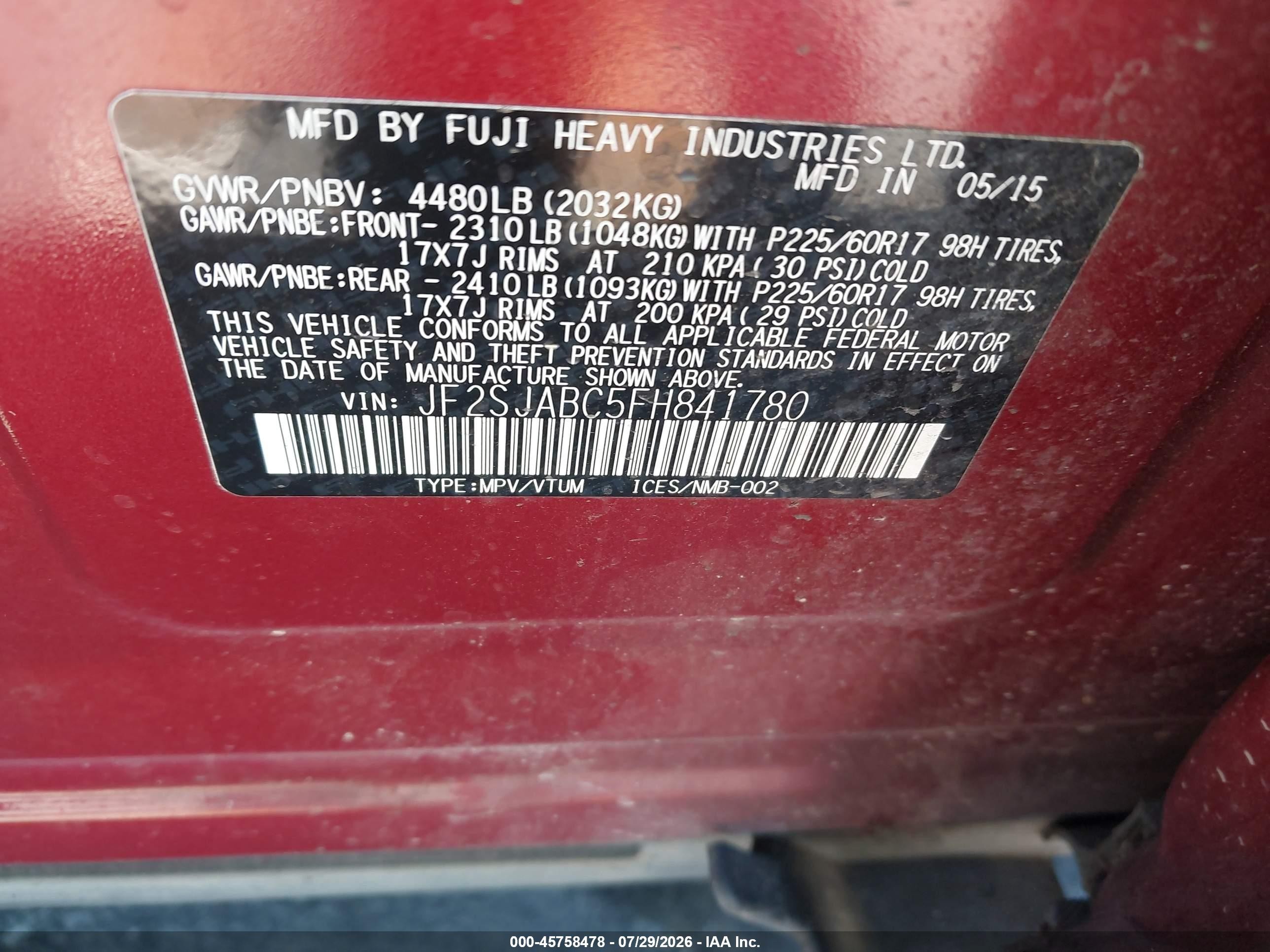 2015 Subaru Forester 2.5i Maroon vin: JF2SJABC5FH841780