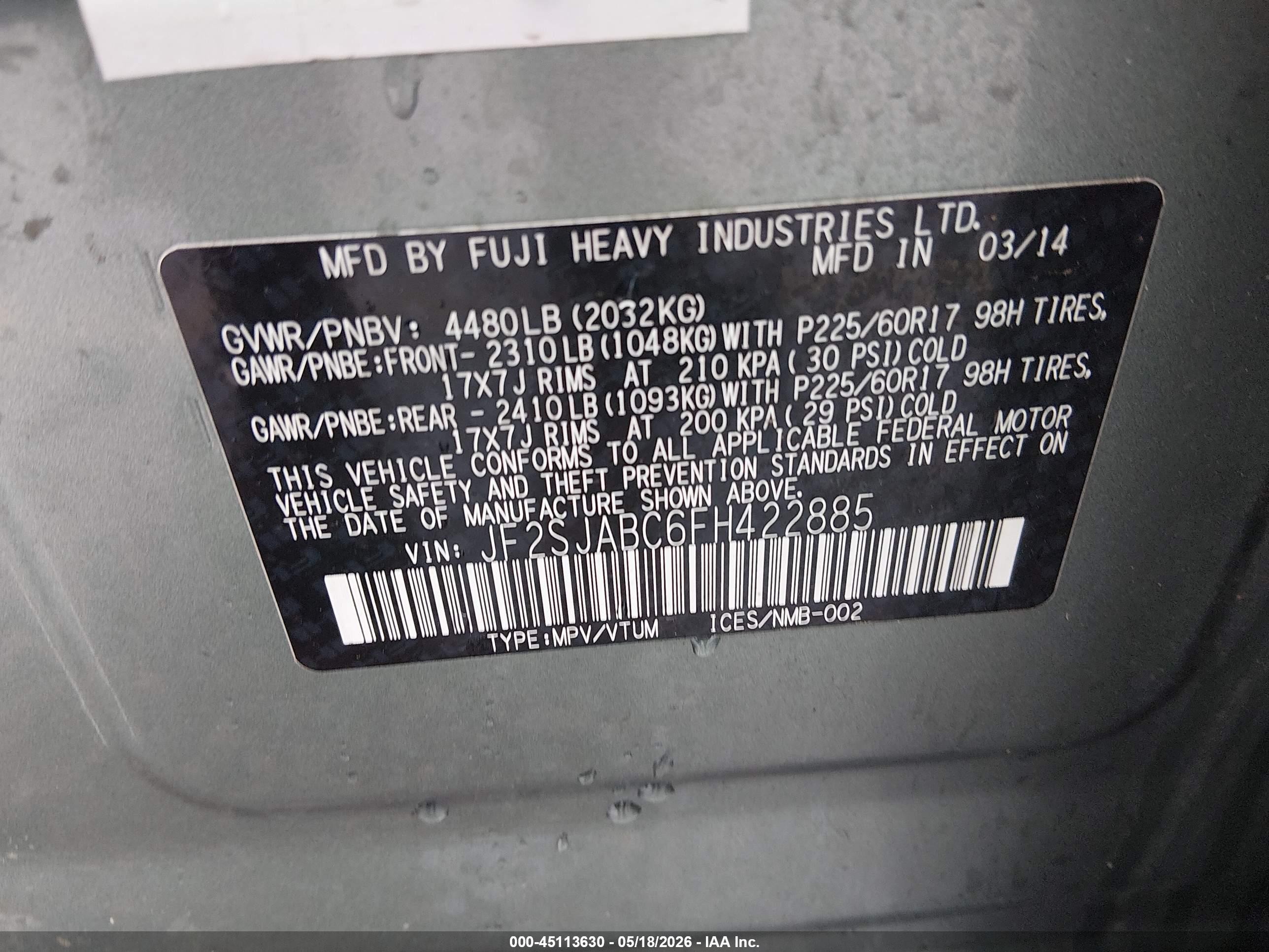 2015 Subaru Forester 2.5i Green vin: JF2SJABC6FH422885