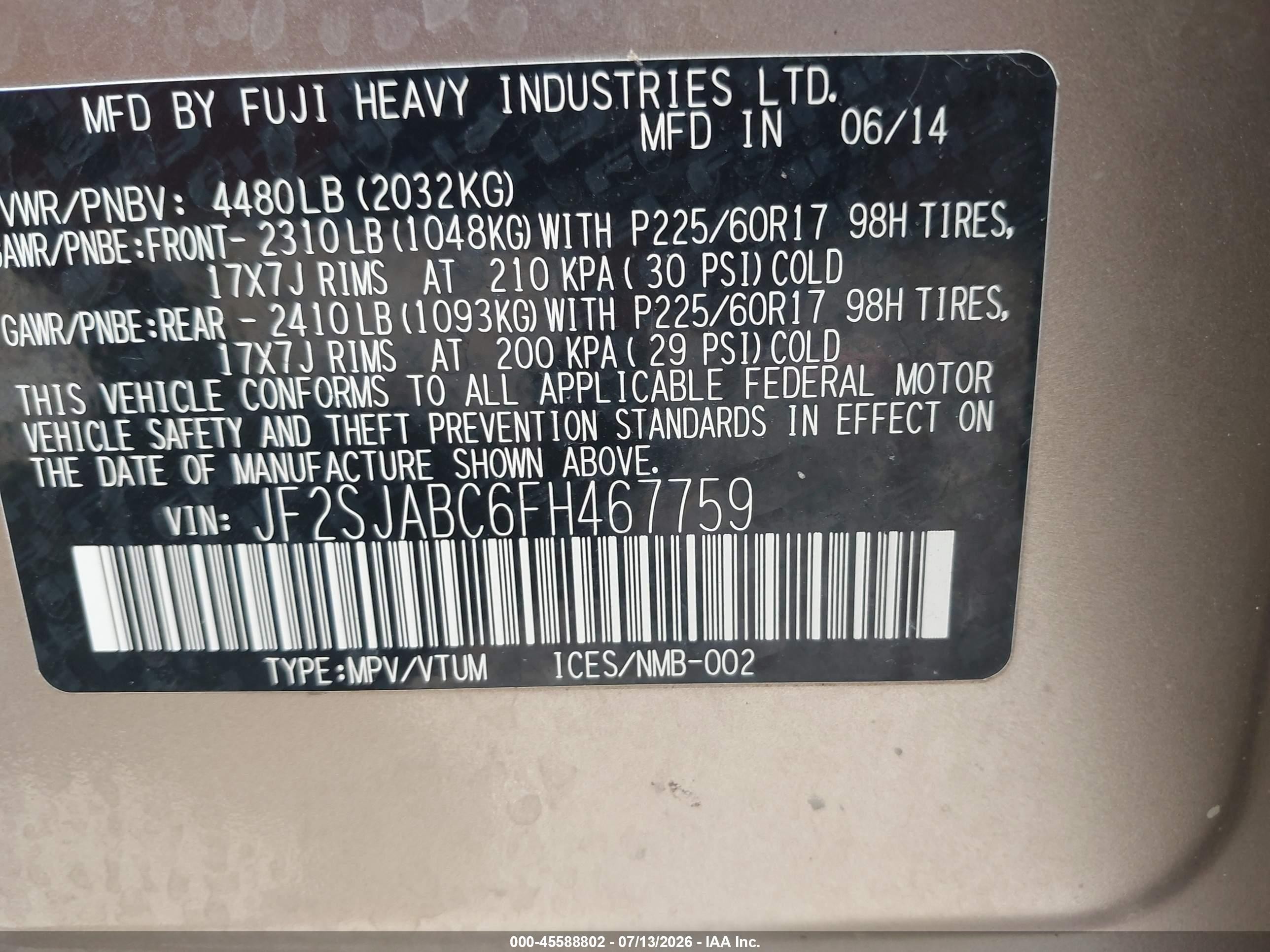 2015 Subaru Forester 2.5i Tan vin: JF2SJABC6FH467759