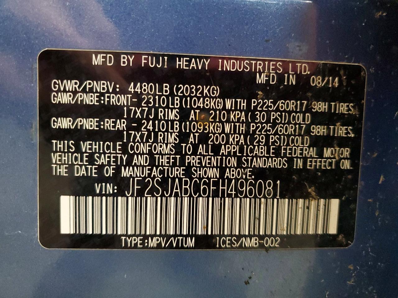 2015 Subaru Forester 2.5i Синий vin: JF2SJABC6FH496081