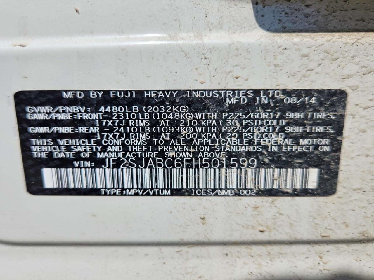 2015 Subaru Forester 2.5i White vin: JF2SJABC6FH501599