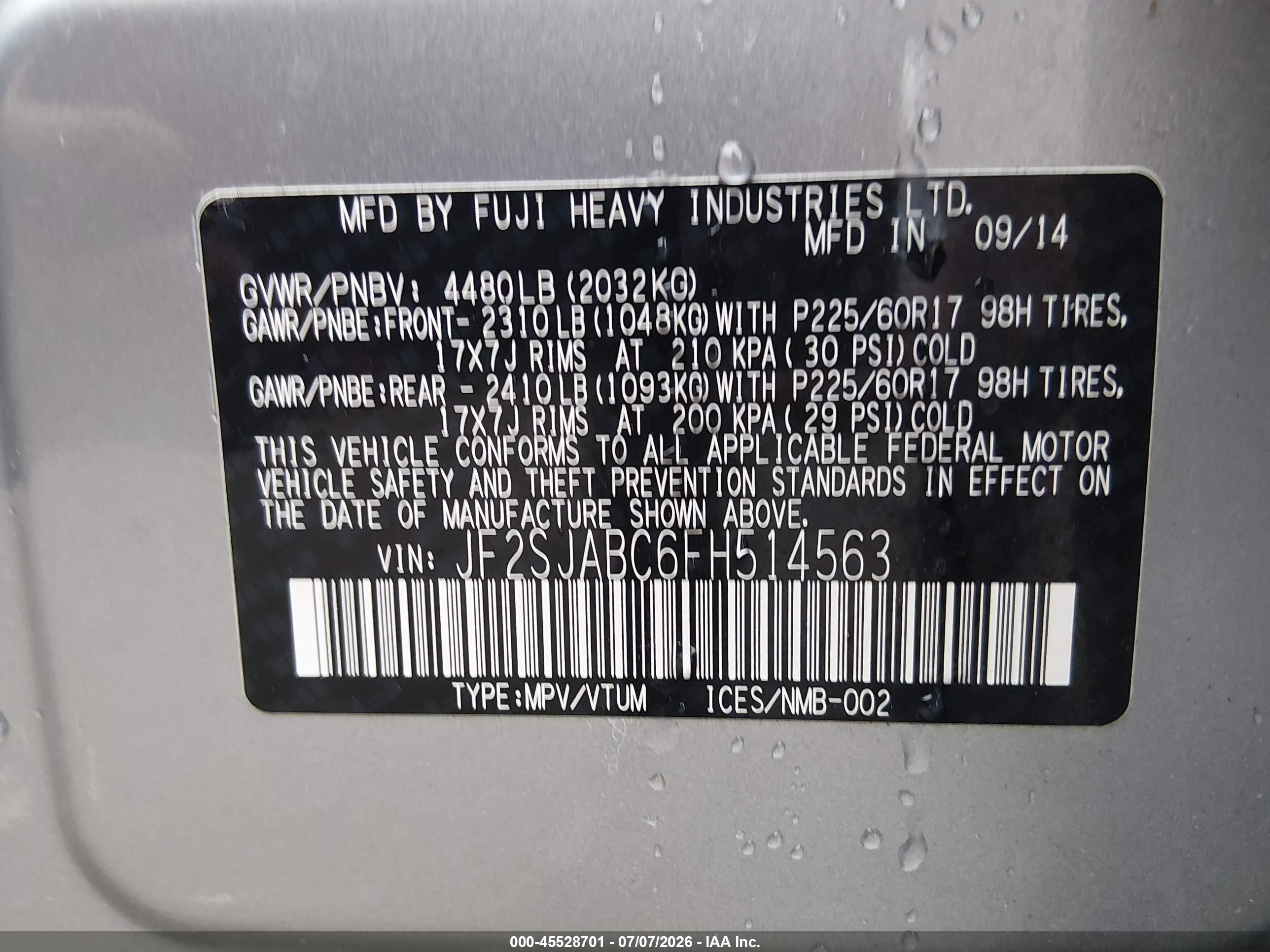 2015 Subaru Forester 2.5i Silver vin: JF2SJABC6FH514563