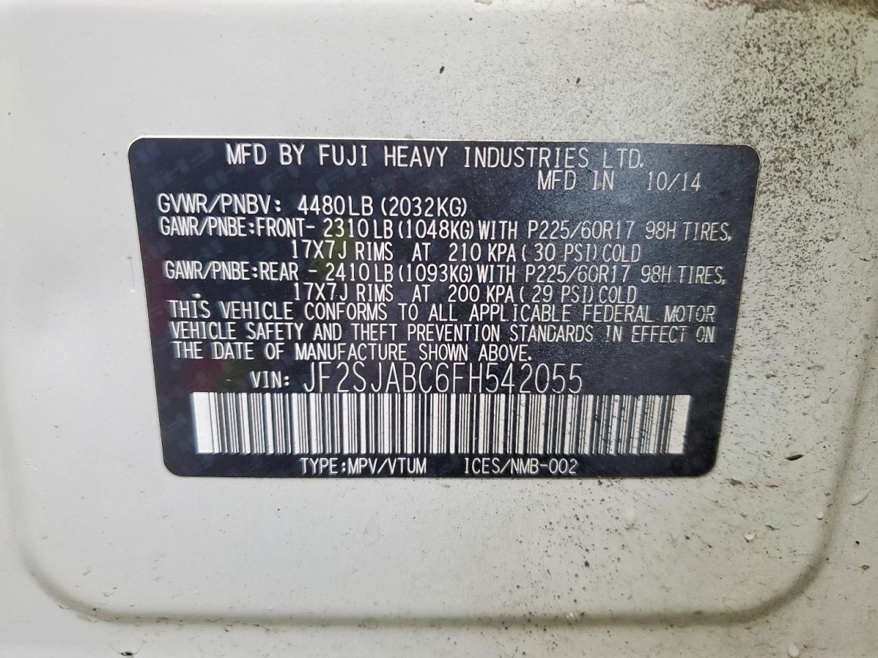 2015 Subaru Forester 2.5i White vin: JF2SJABC6FH542055