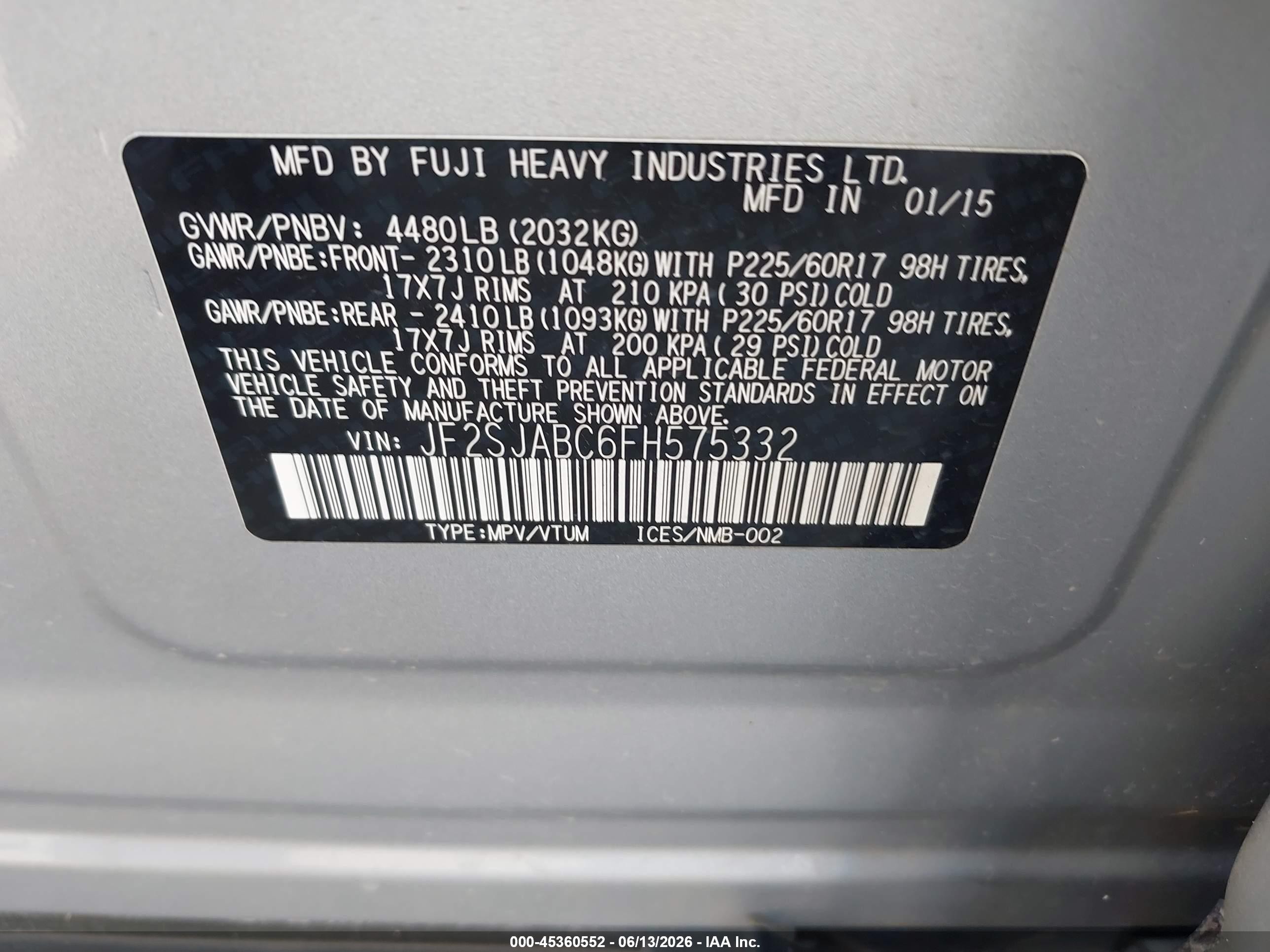 2015 Subaru Forester 2.5i Silver vin: JF2SJABC6FH575332