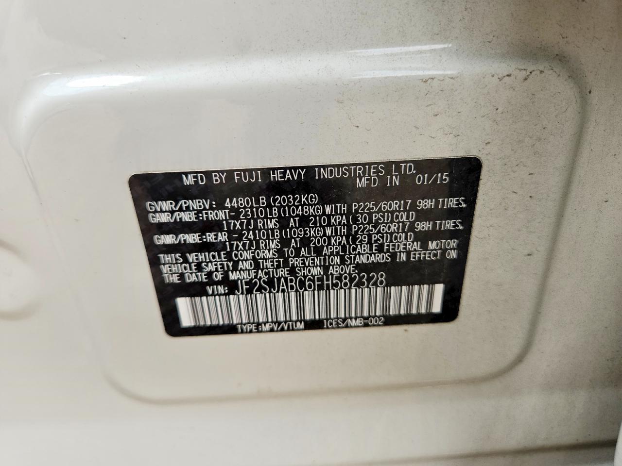2015 Subaru Forester 2.5i Белый vin: JF2SJABC6FH582328