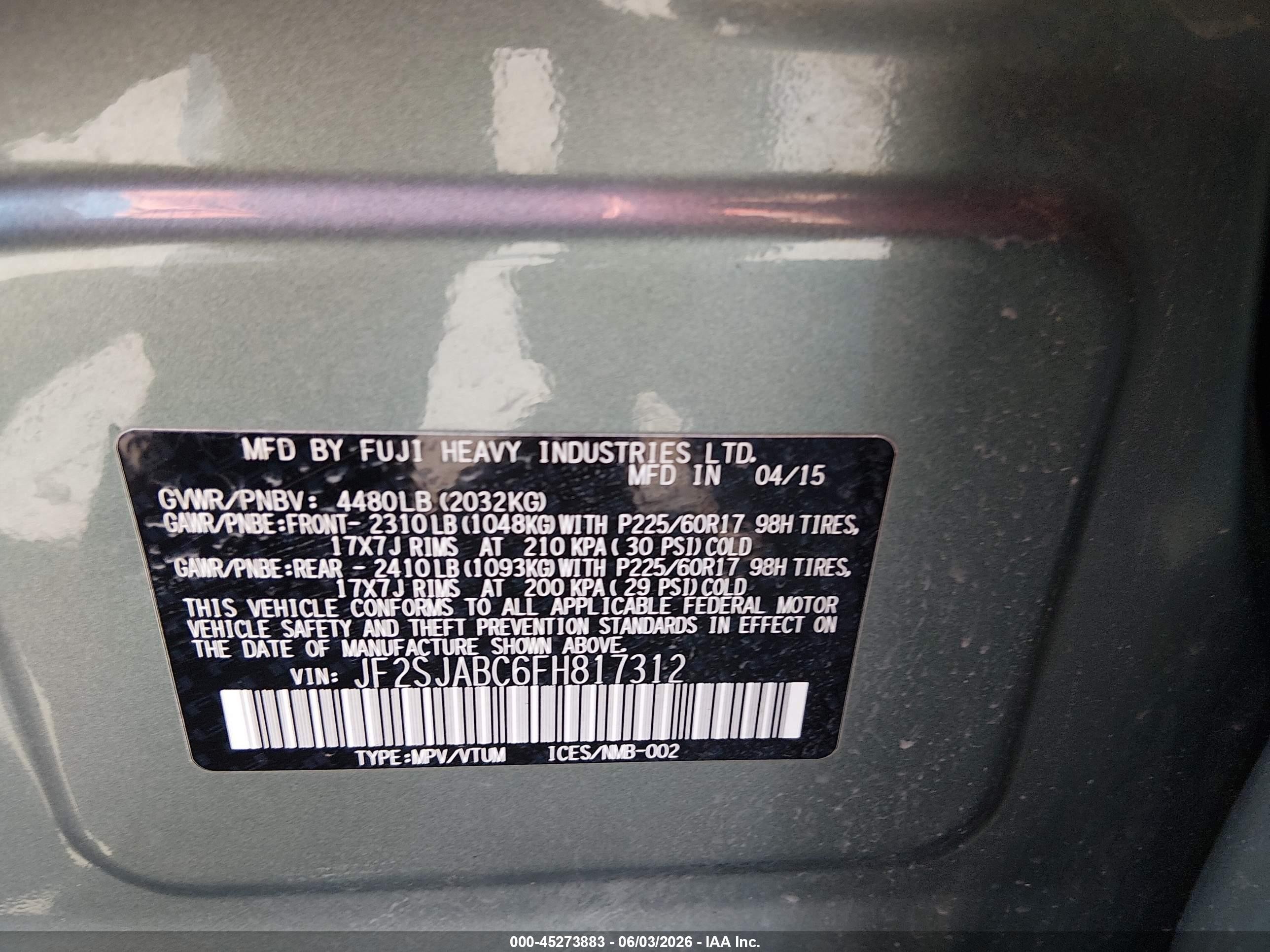 2015 Subaru Forester 2.5i Green vin: JF2SJABC6FH817312