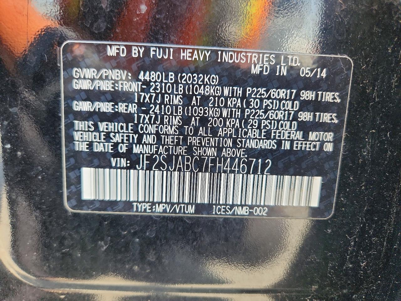 2015 Subaru Forester 2.5i Черный vin: JF2SJABC7FH446712