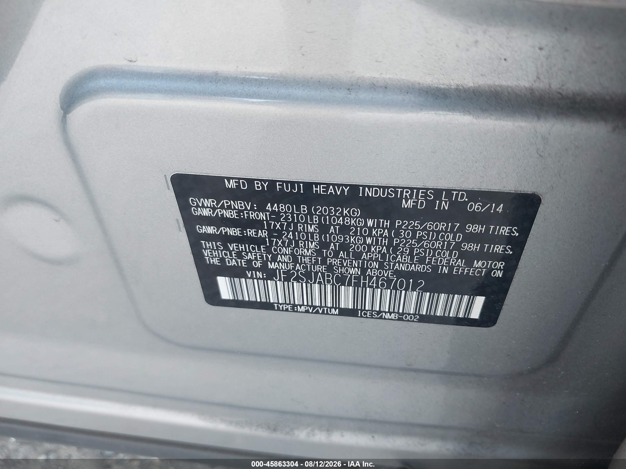 2015 Subaru Forester 2.5i Silver vin: JF2SJABC7FH467012