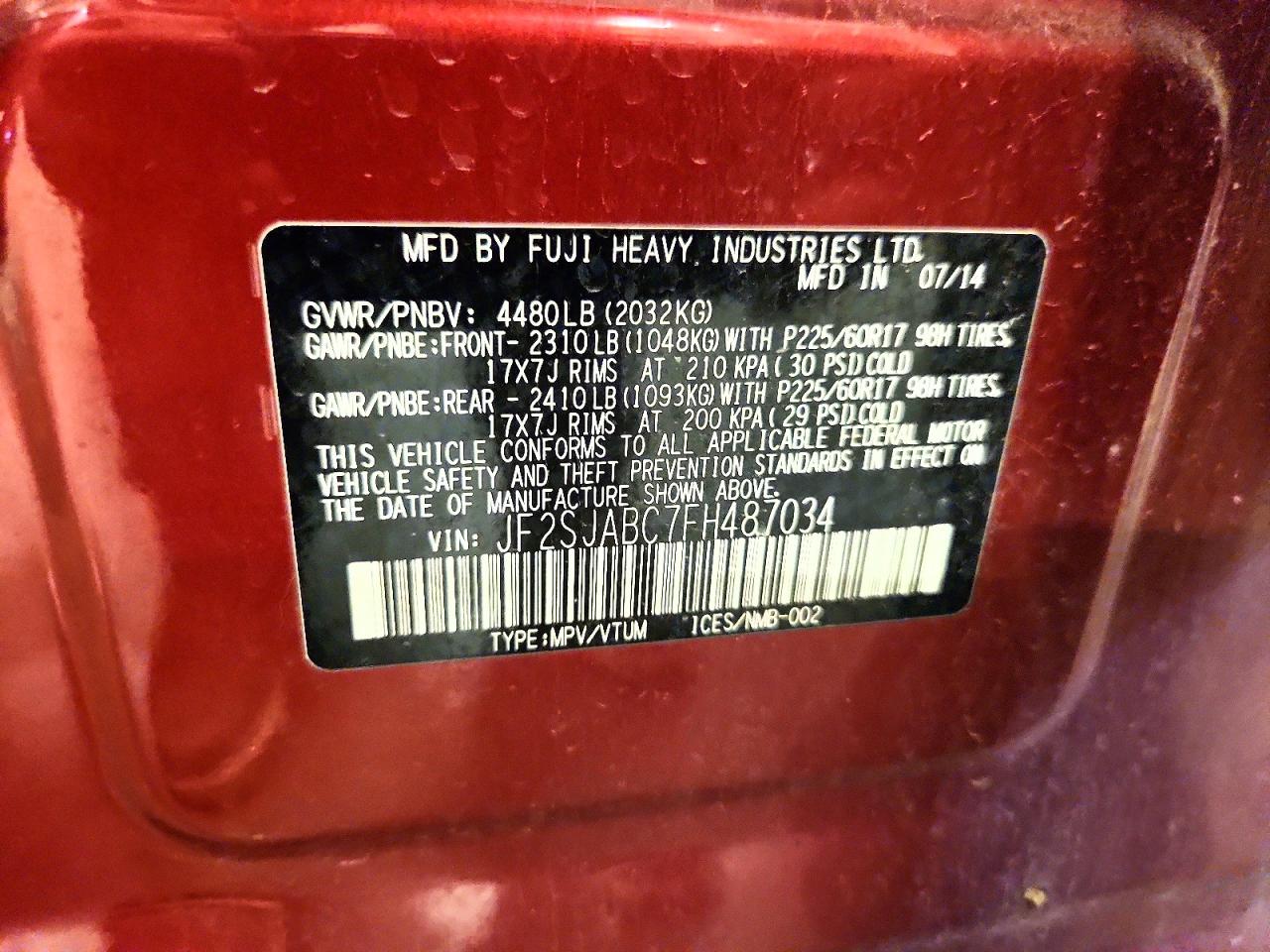 2015 Subaru Forester 2.5i Red vin: JF2SJABC7FH487034