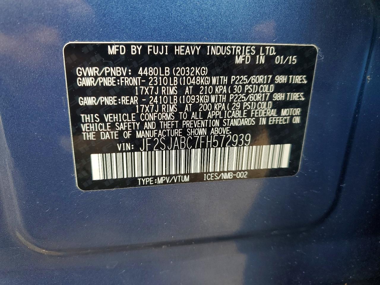 2015 Subaru Forester 2.5i Blue vin: JF2SJABC7FH572939
