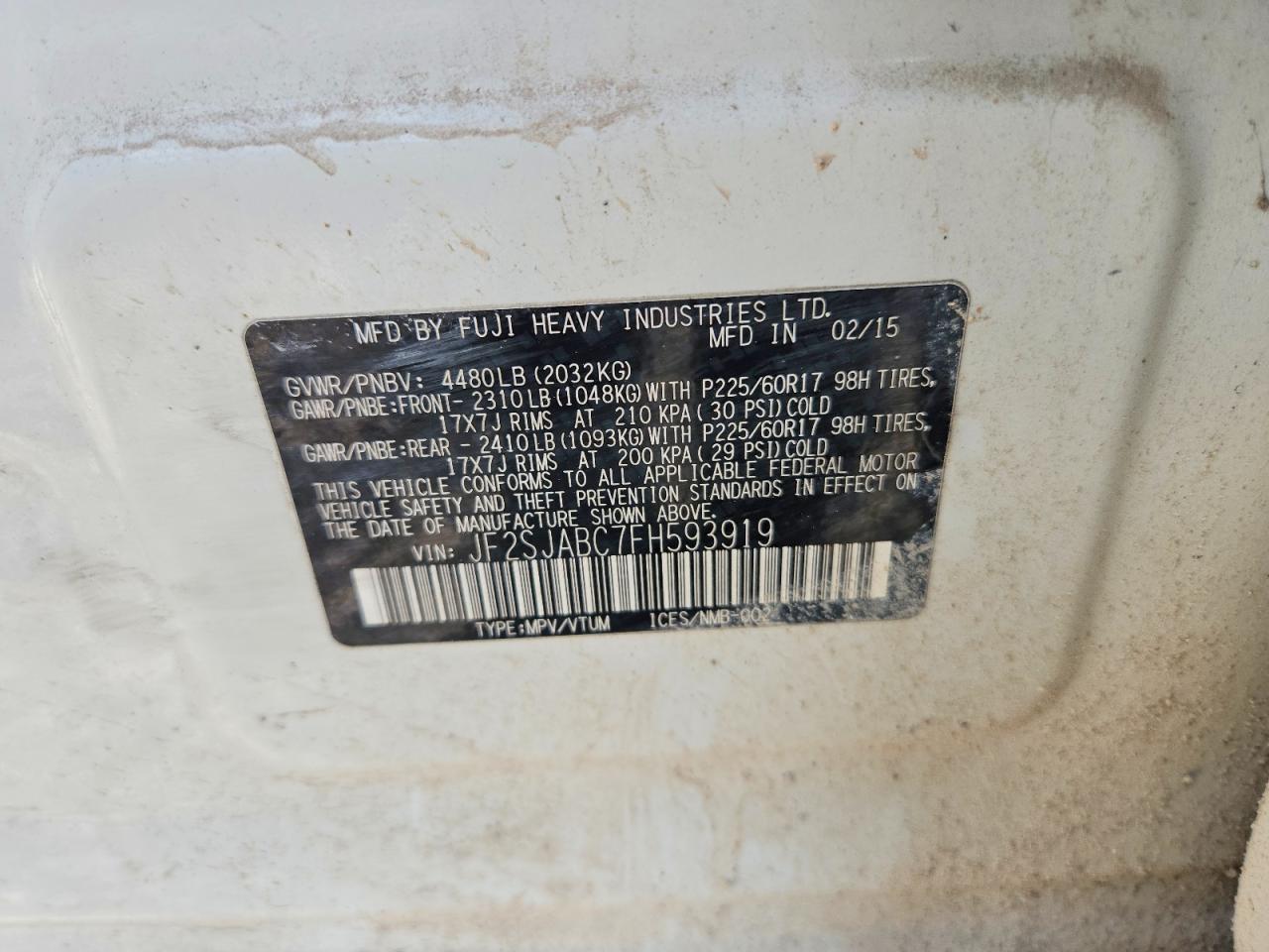 2015 Subaru Forester 2.5i White vin: JF2SJABC7FH593919