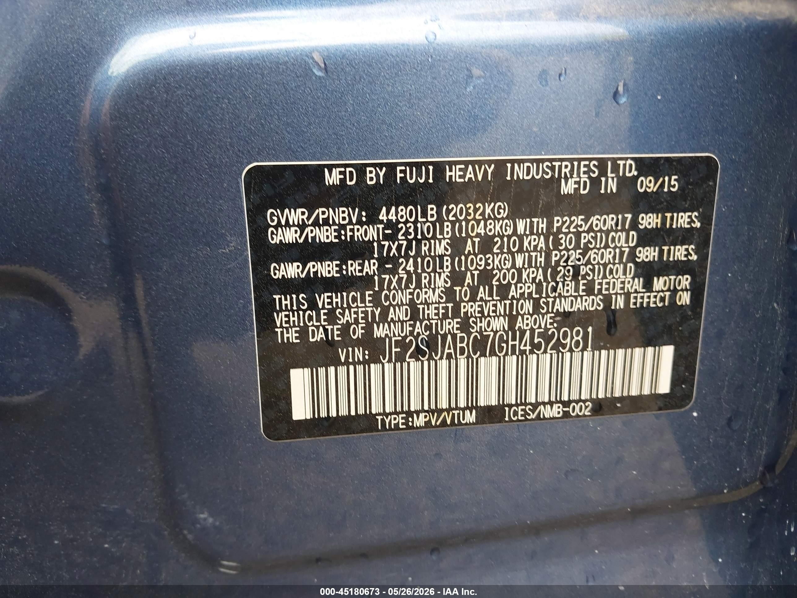 2016 Subaru Forester 2.5i Blue vin: JF2SJABC7GH452981