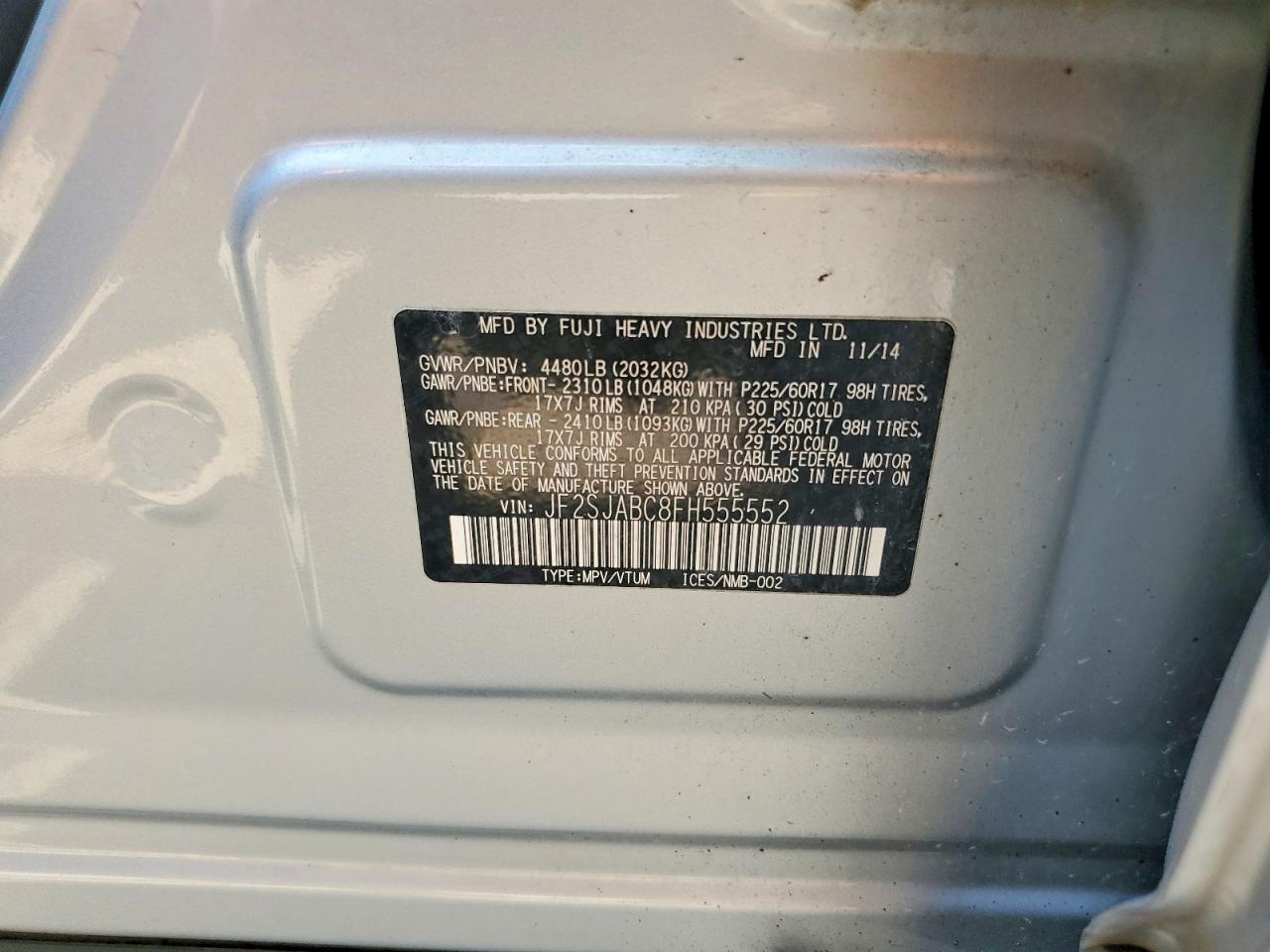 2015 Subaru Forester 2.5i Silver vin: JF2SJABC8FH555552