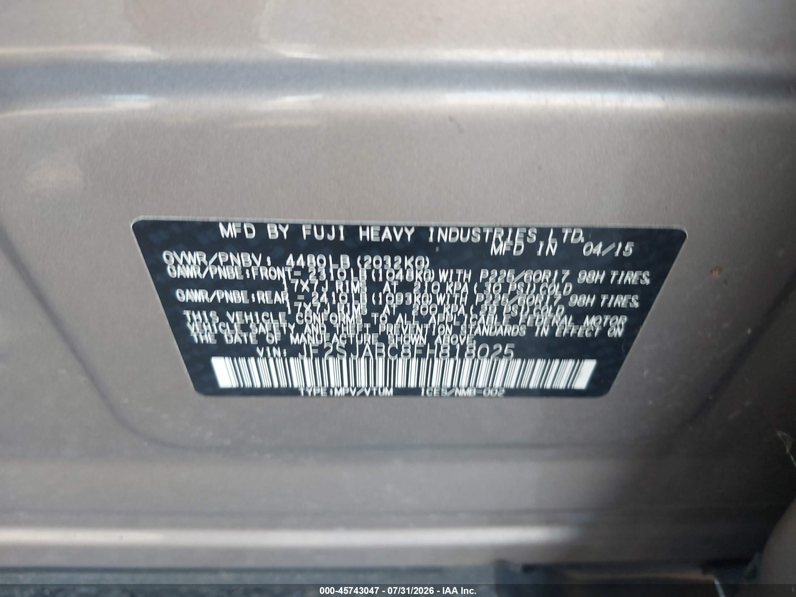 2015 Subaru Forester 2.5i Champagne vin: JF2SJABC8FH818025
