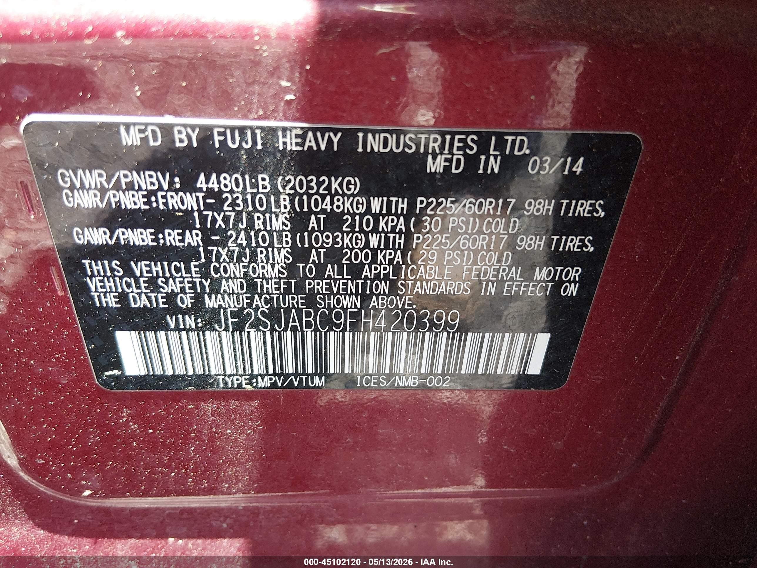 2015 Subaru Forester 2.5i Красный vin: JF2SJABC9FH420399