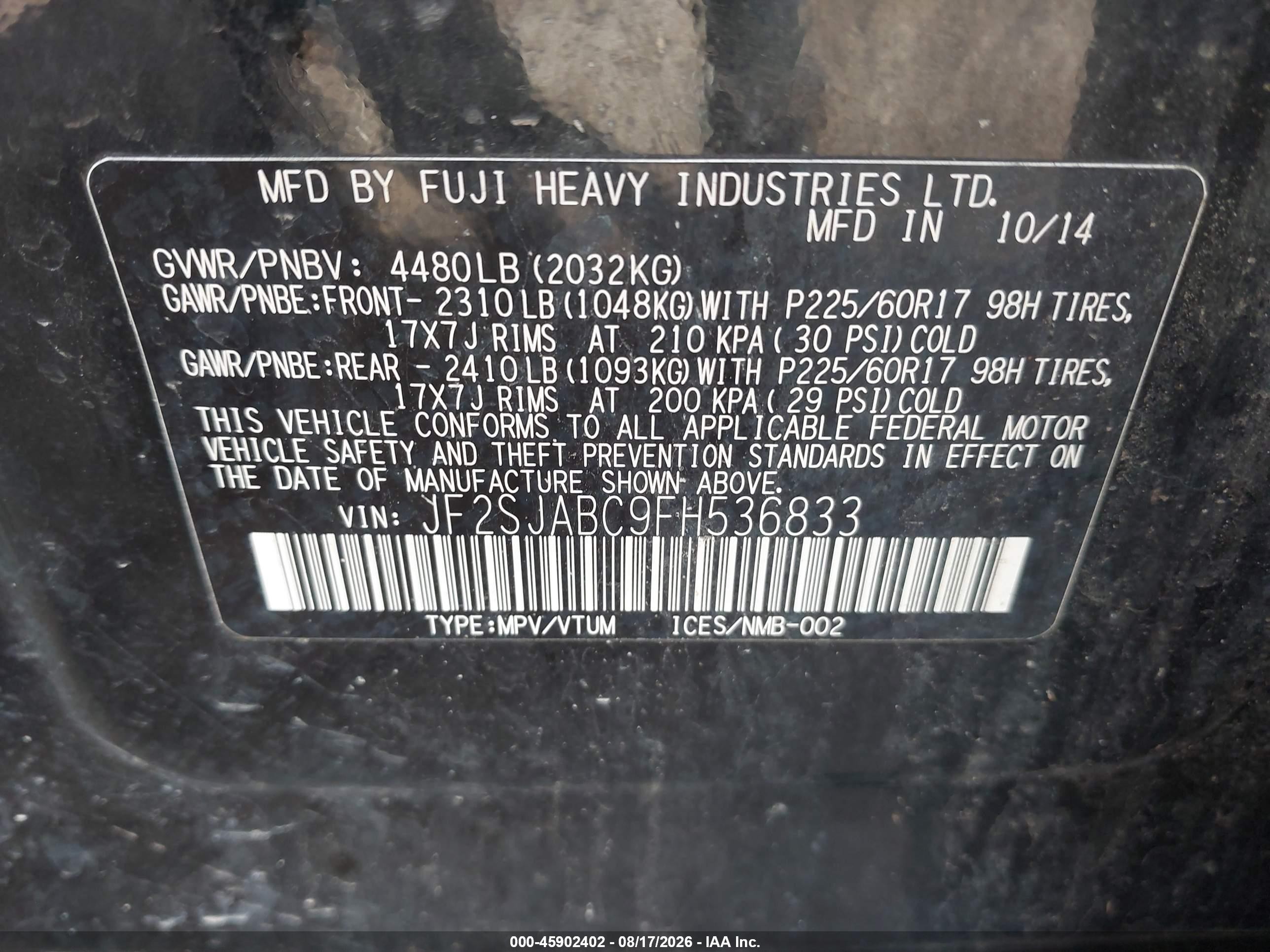 2015 Subaru Forester 2.5i Black vin: JF2SJABC9FH536833