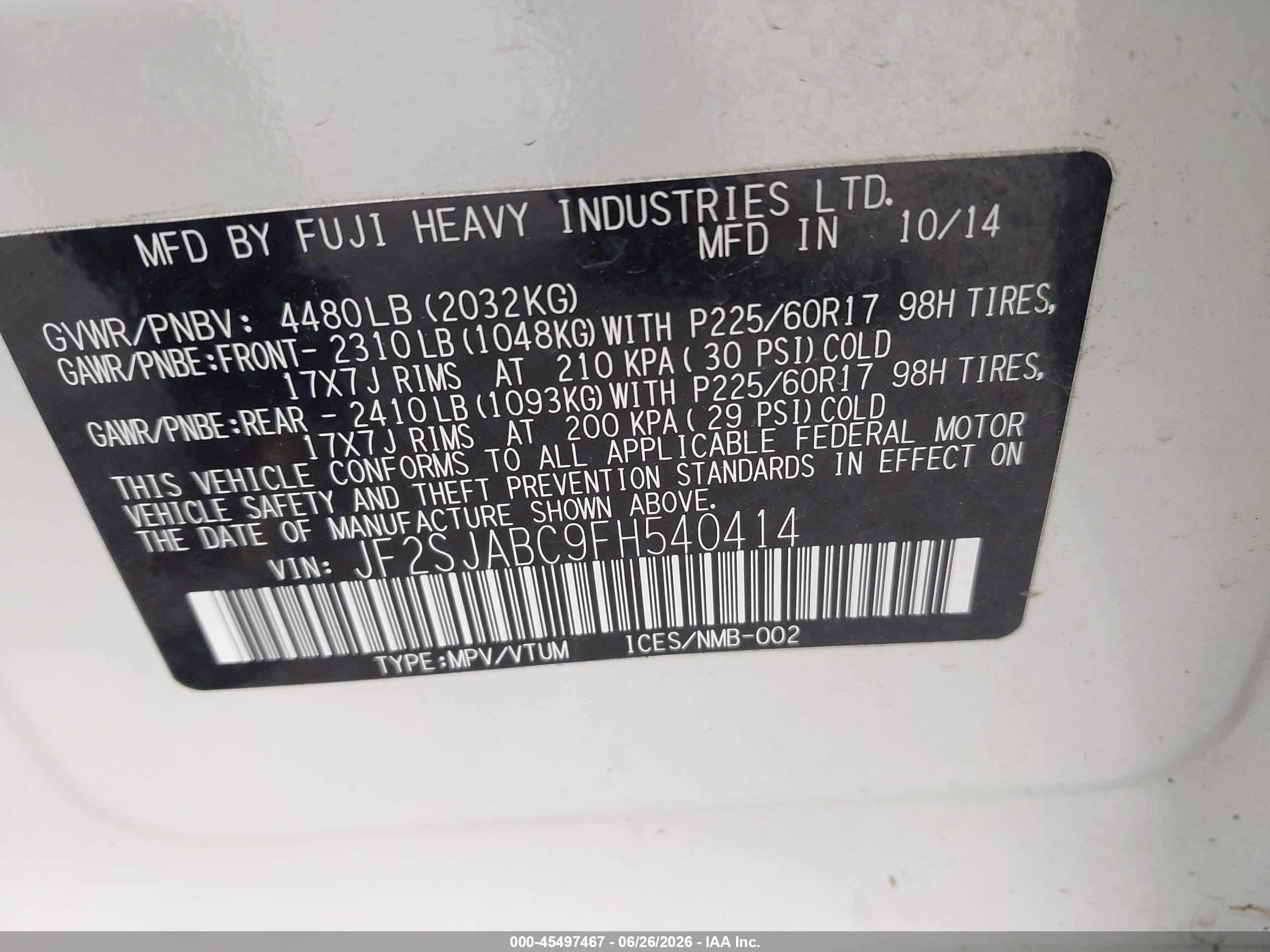 2015 Subaru Forester 2.5i Черный vin: JF2SJABC9FH540414