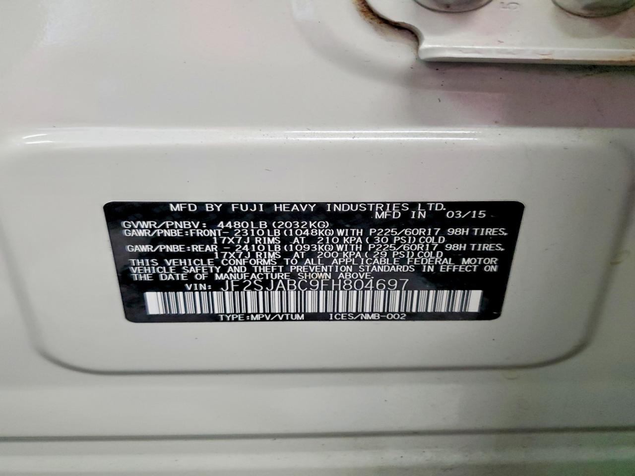 2015 Subaru Forester 2.5i White vin: JF2SJABC9FH804697