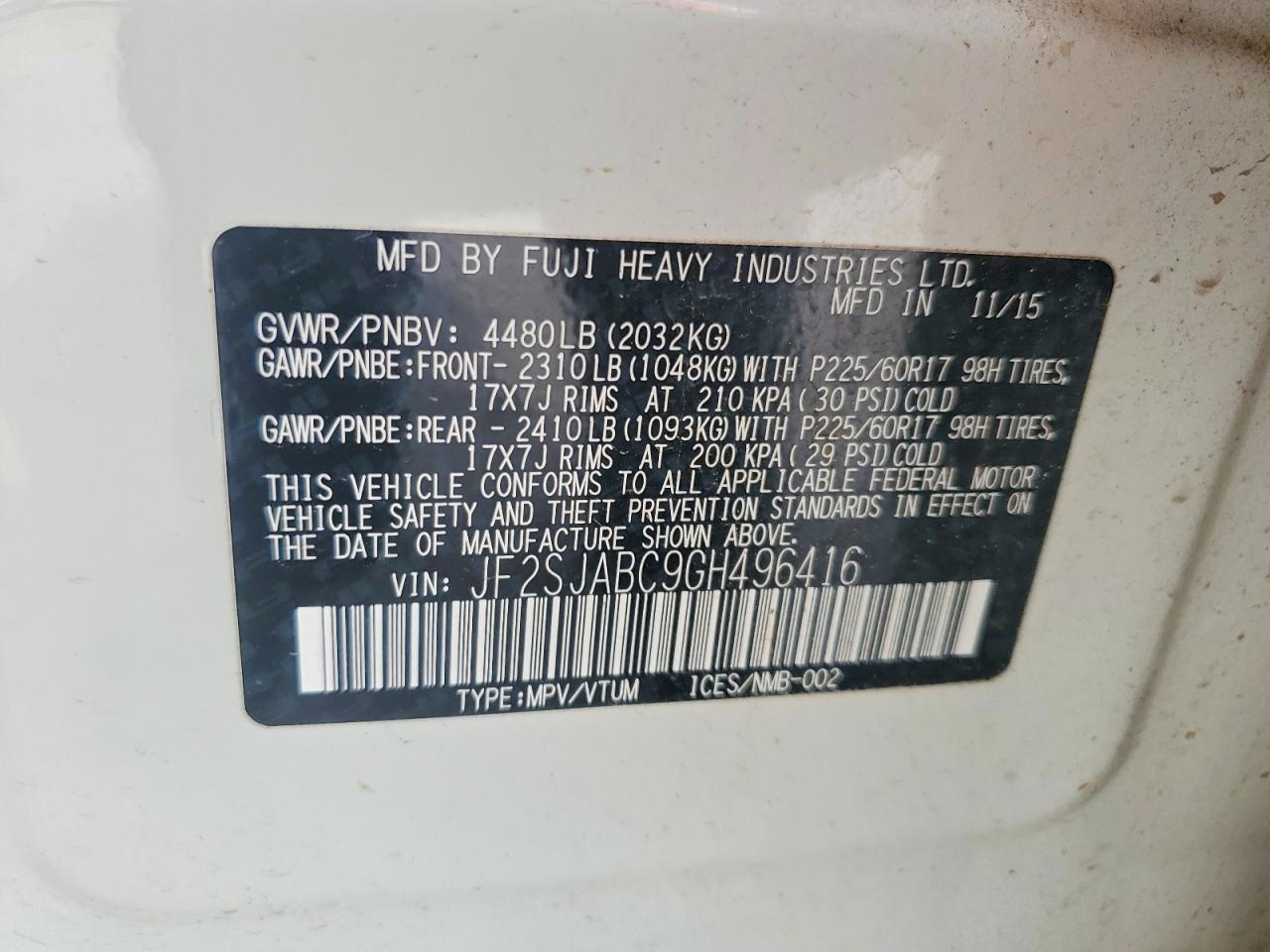 2016 Subaru Forester 2.5i White vin: JF2SJABC9GH496416