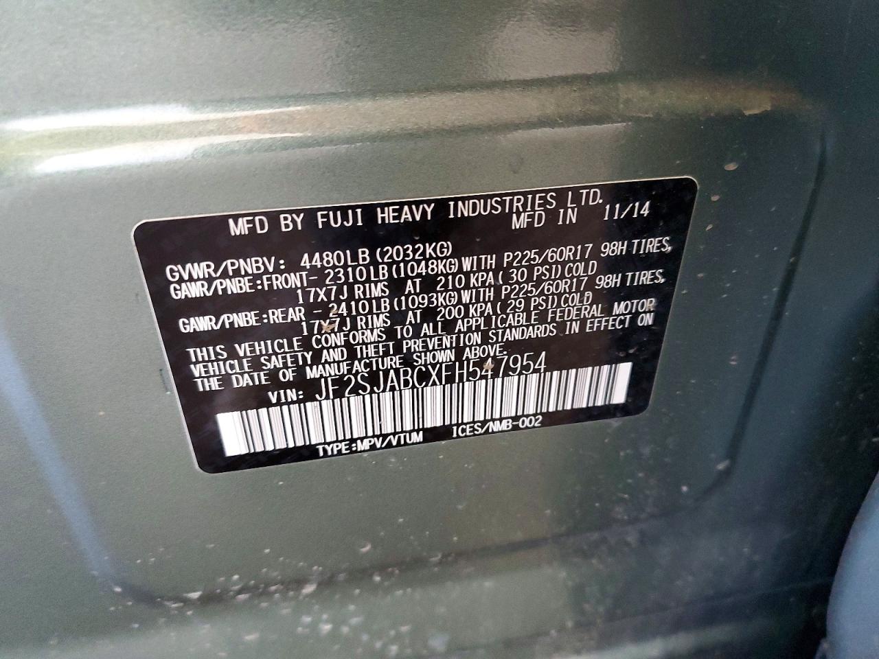 2015 Subaru Forester 2.5i Green vin: JF2SJABCXFH547954