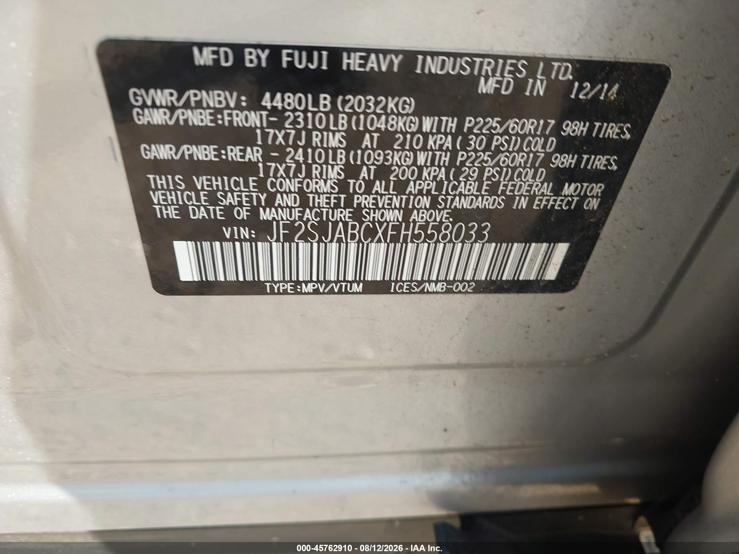 2015 Subaru Forester 2.5i Серебряный vin: JF2SJABCXFH558033