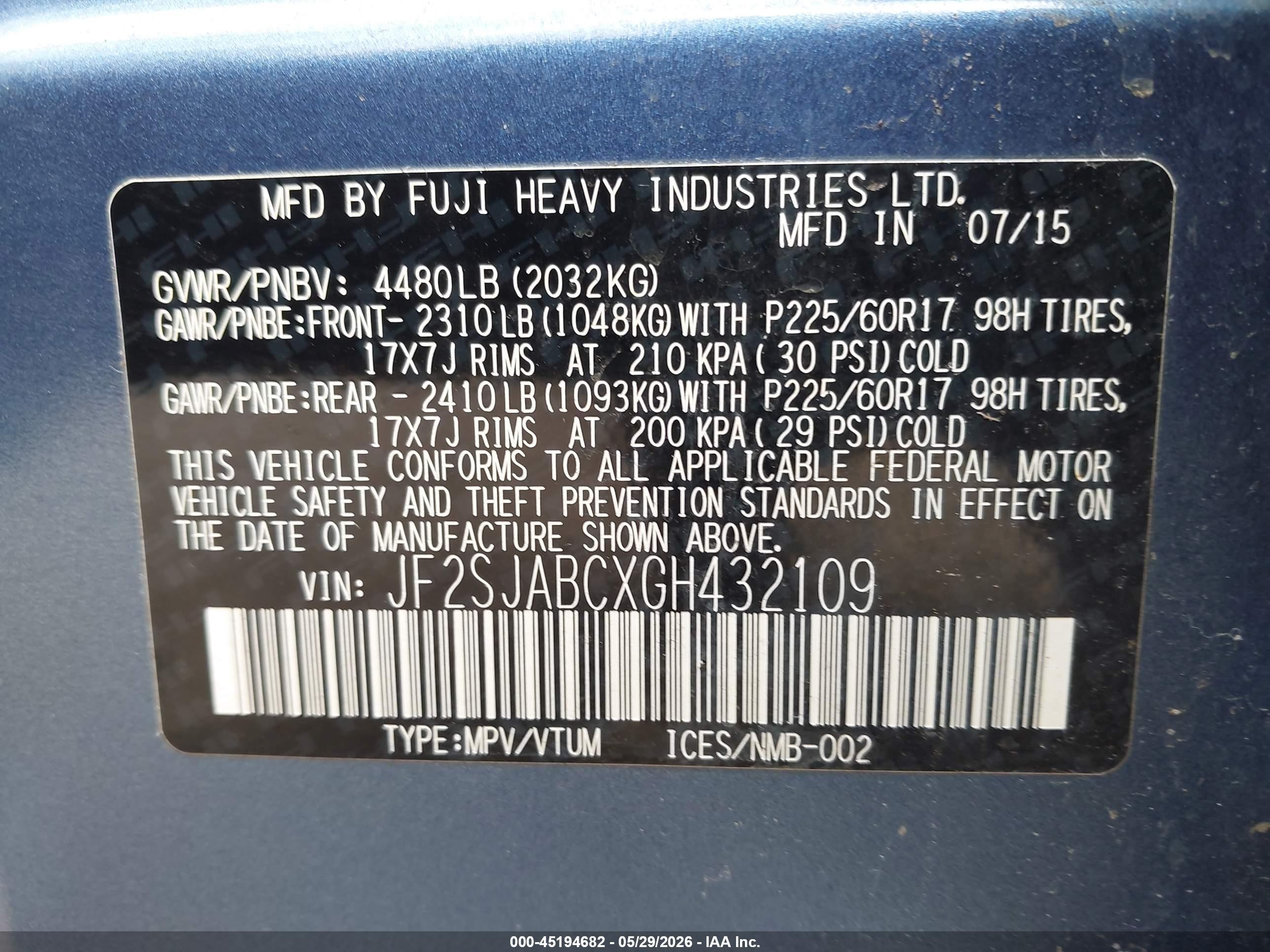 2016 Subaru Forester 2.5i Blue vin: JF2SJABCXGH432109